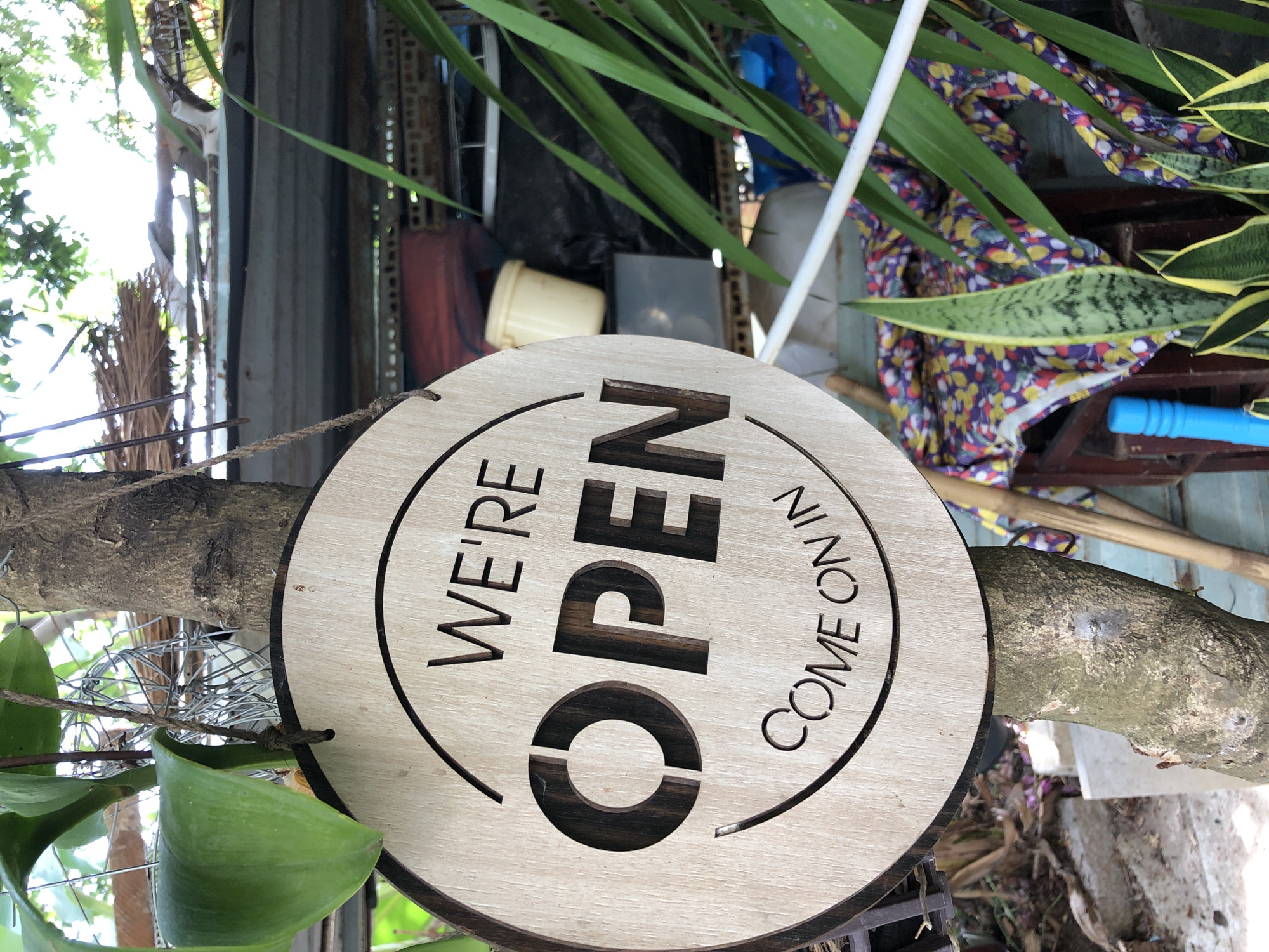 The image shows a wooden circular sign that says "WE'RE OPEN COME ON IN" in carved lettering. The sign is hanging from a tree branch, with green leaves from a plant visible in the foreground. In the background, there is a corrugated metal wall, some plants, and various items suggesting an outdoor or semi-outdoor setting, possibly a shop or a cafe. The lighting suggests it is daytime. The overall impression is rustic and welcoming. The location context is Đà Nẵng, Vietnam.