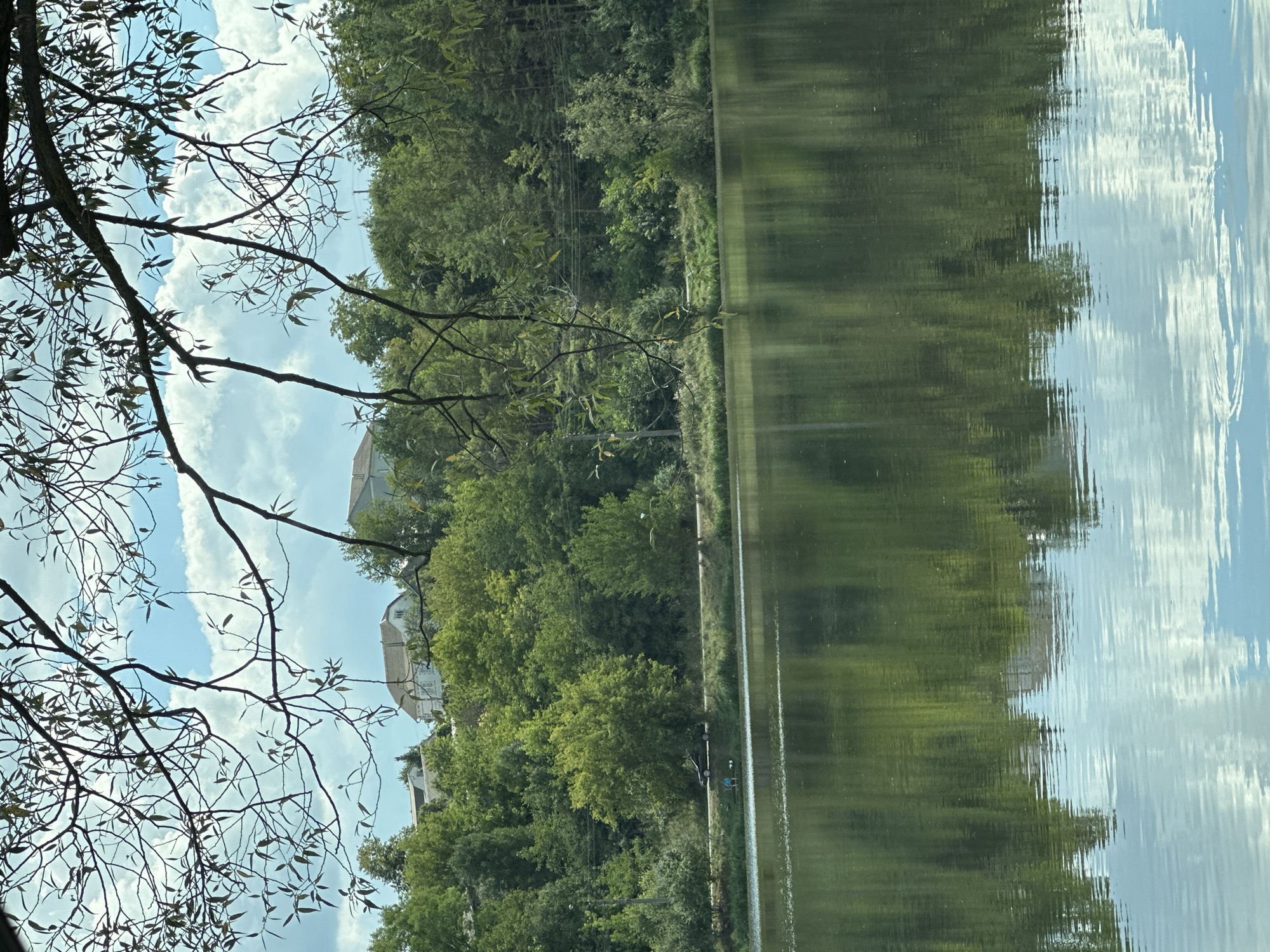 The image shows a serene lake scene in the city of Makiv, Ukraine. The foreground is dominated by the still, reflective surface of the lake, mirroring the lush green trees and the blue sky with scattered white clouds. In the middle ground, a narrow strip of grassy bank runs along the edge of the lake, with a paved path visible behind it. A dark-colored car is parked on the path, and a person is sitting on the bank, appearing to be fishing. Beyond the path, a dense line of green trees forms a natural backdrop. In the background, houses with white roofs are visible on a gentle slope, partially obscured by the trees. The upper part of the image is framed by the dark branches and sparse leaves of a tree, with the sky visible through the gaps. The overall atmosphere is peaceful and natural, suggesting a quiet recreational area.