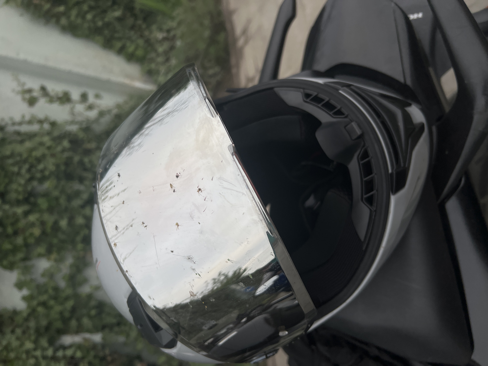 A close-up, slightly tilted, high-angle shot shows a white motorcycle helmet resting on a black motorcycle seat. The helmet's visor is open, revealing the dark interior. The visor is covered with dead insects. The background is blurred, showing greenery on the left and pavement in the upper right. There is no indication of the scene's location in Horodok, Ukraine. There are no visible people or interactions.