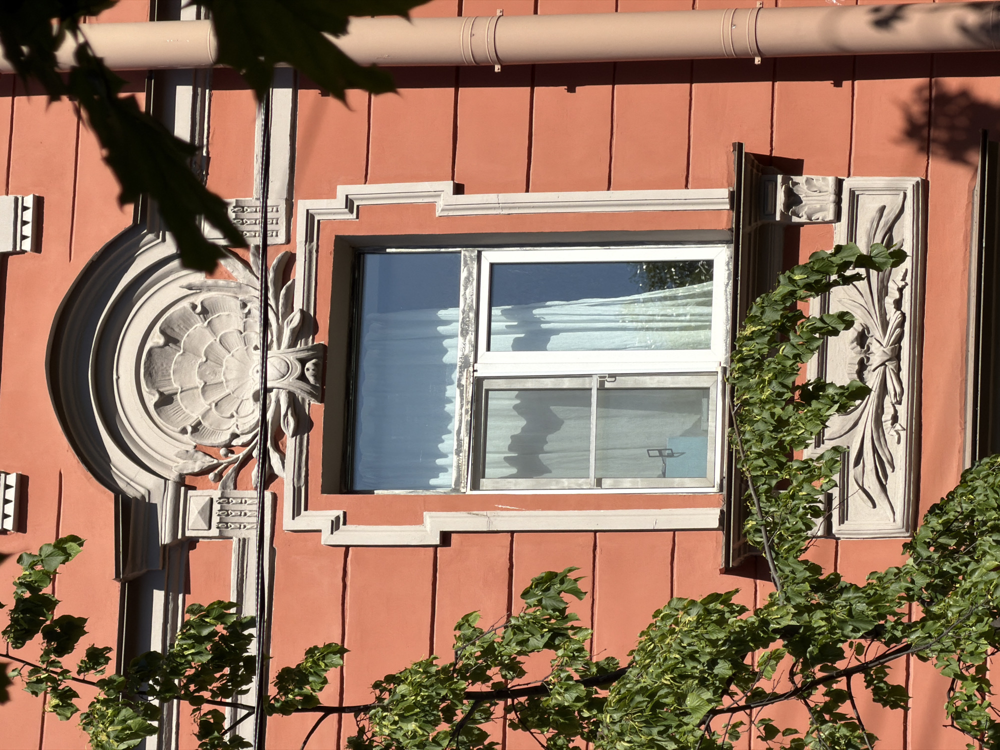 The image presents a close-up view of a building facade in Saint Petersburg, Russia, bathed in strong daylight. The central feature is a rectangular window with white frames, behind which light-colored curtains or blinds are visible, creating soft, wavy patterns.
The window is framed by elaborate architectural decorations. To its left, a large, circular bas-relief featuring a stylized flower or medallion is prominently displayed, flanked by vertical decorative elements and a smaller rectangular panel with geometric patterns below it. To the right, a vertical panel showcases ornate, leafy relief carvings, possibly depicting acanthus leaves. Stepped, geometric moldings adorn the areas above and below the window.
The building's wall is painted a warm reddish-orange color, with subtle vertical indentations suggesting panels. A light-colored pipe, likely a drainpipe, runs horizontally across the upper portion of the facade, secured by brackets.
Abundant green foliage, including branches and vines, partially obscures the building, particularly in the foreground, the lower right corner, and the top left. The strong, directional sunlight creates distinct shadows from the architectural elements and the foliage, indicating a clear and sunny day, likely morning or afternoon. There are no people visible, and no text is discernible on the building. The architectural style suggests an older, possibly historic, European structure.