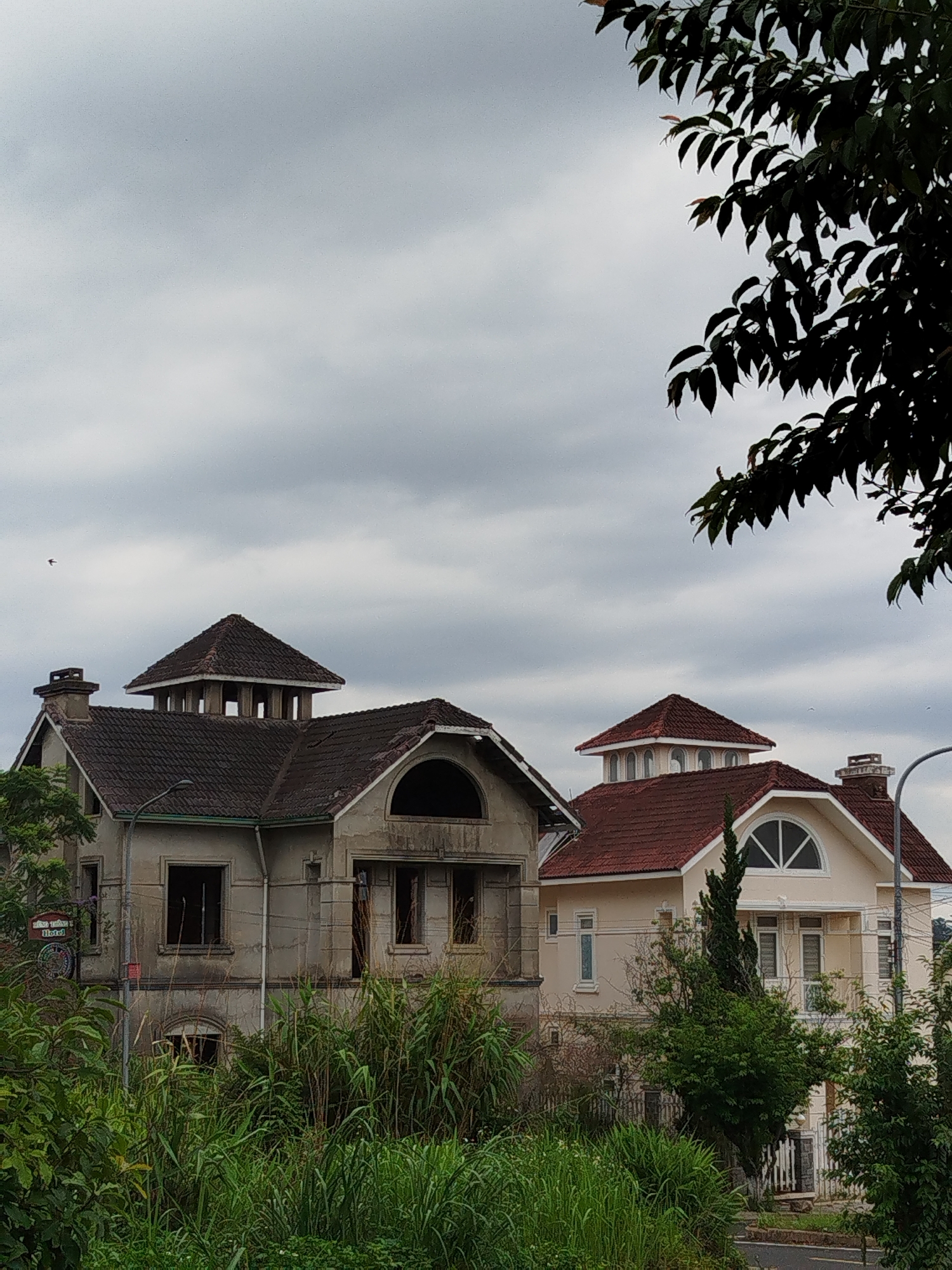 Two multi-story buildings are visible against an overcast sky, partially obscured by foliage. The building on the left is weathered and appears to be under construction or in disrepair, with bare window openings. The building on the right is newly painted with a red tiled roof and architectural details. Overgrown vegetation occupies the foreground. The scene is likely located in Da Lat, Vietnam, based on the architectural style and foliage.
