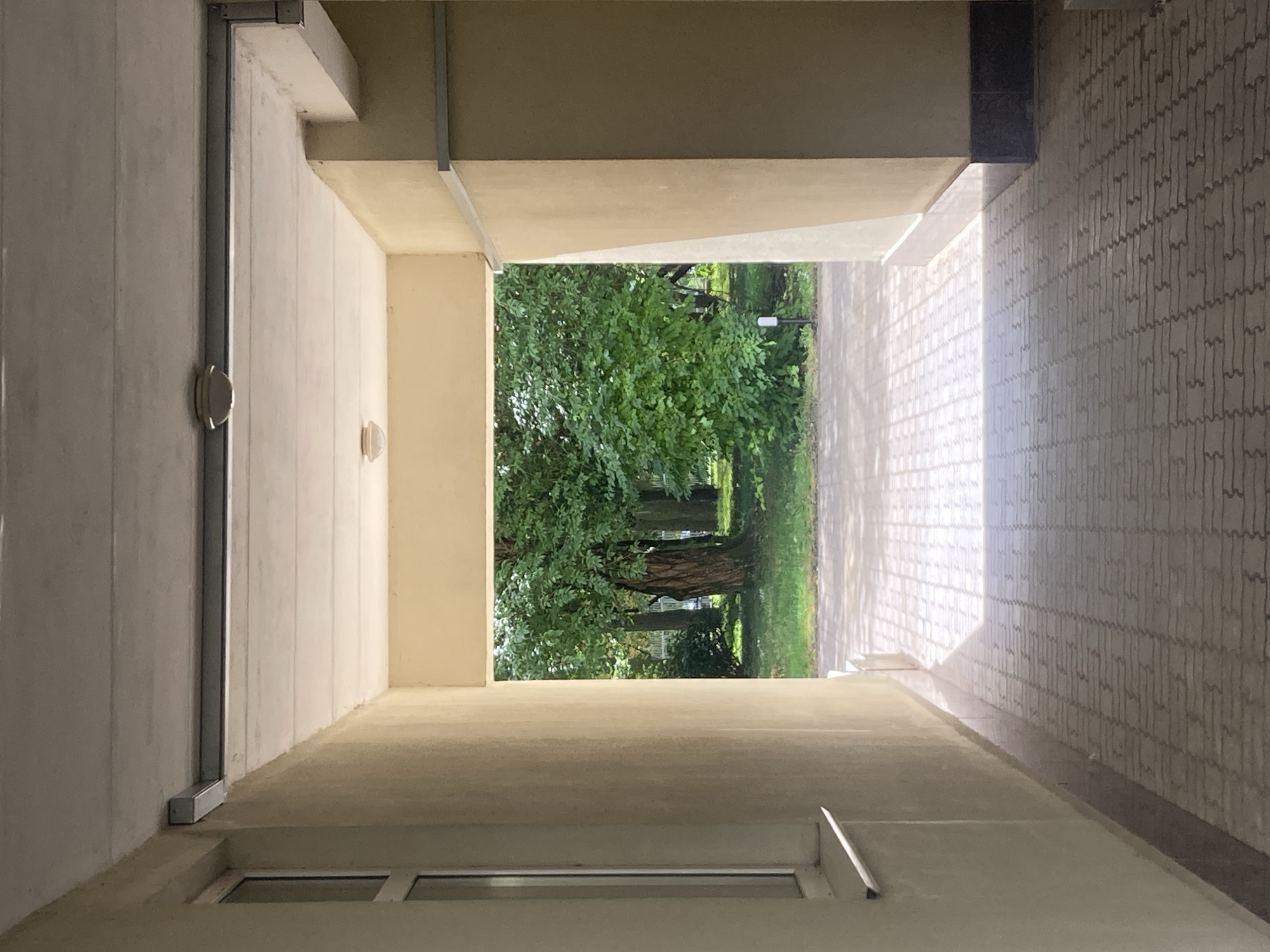 The image shows a view from inside a covered walkway or corridor looking out towards a green outdoor area with trees. The walkway has light-colored, textured walls and a white ceiling with two round light fixtures. The floor of the walkway is paved with light-colored interlocking bricks, and a strong shadow pattern from the overhead structure is visible on it. A window with a white frame is present on the left wall. In the distance, beyond the opening of the walkway, there is a grassy area with several trees, one of which is prominent in the foreground. The sky is not visible. The environment suggests an urban or suburban setting, possibly in Baranavichy, Belarus, given the context. There are no people visible in the image.