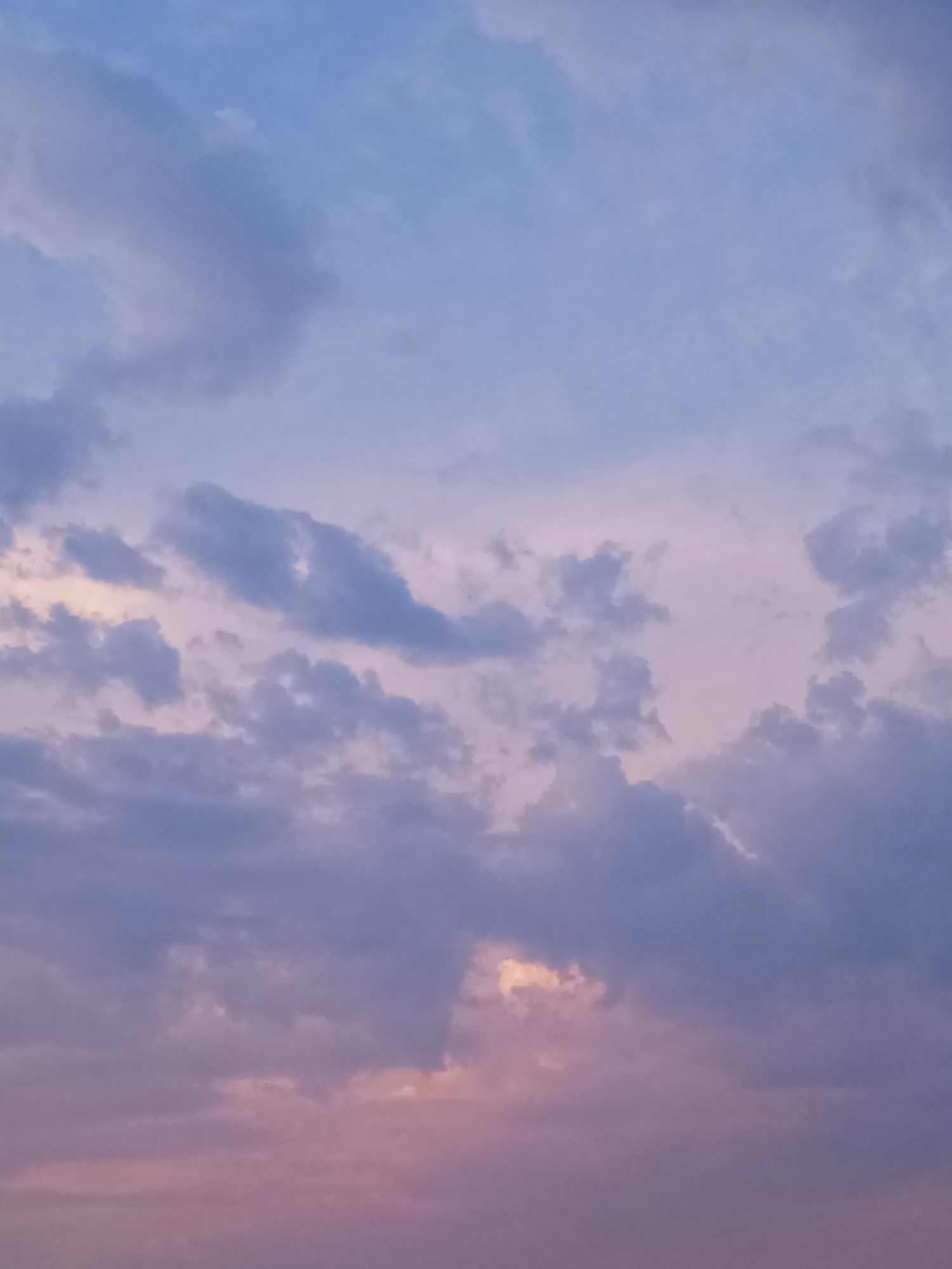 This media file is a vertical, eye-level shot of a sunset sky filled with dramatic, wispy clouds. The sky transitions from a pale blue at the top to hues of pink and purple towards the bottom, indicative of a sunset or sunrise. The clouds themselves are varied in texture and density, with some appearing soft and diffused, while others are more defined and darker, casting shadows.
A notable detail is a break in the clouds towards the lower center of the frame, revealing a bright, warm glow of sunlight, suggesting the sun is either setting or rising just below the horizon. The overall mood conveyed is tranquil and serene, with the soft colors and the gentle play of light and shadow on the clouds creating a calming atmosphere. There is no visible text, people, or discernible objects within the frame, the sole focus being the celestial display. The weather appears to be fair, with the clouds contributing to the beauty of the sky rather than suggesting any adverse conditions. The location is unknown, as there are no environmental cues to suggest a specific place. The time of day is clearly either dawn or dusk.