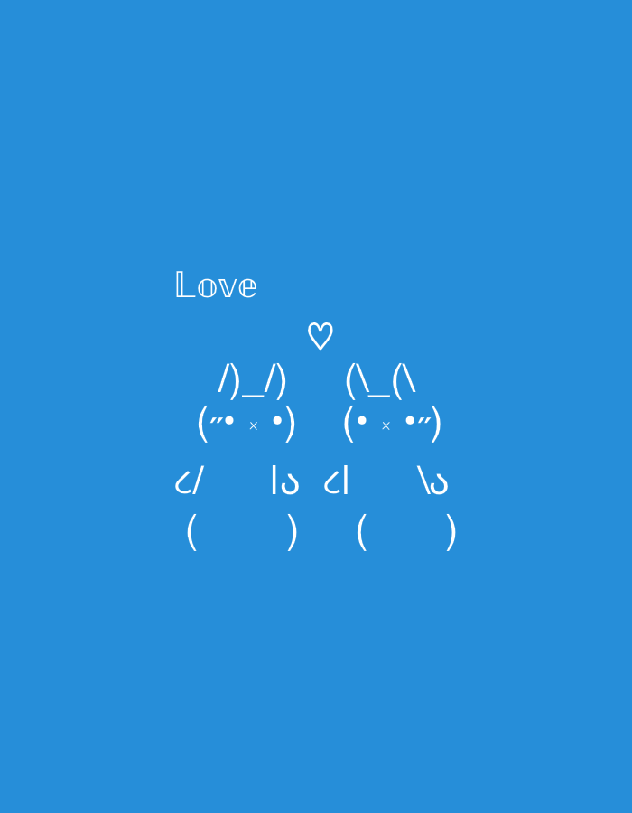 The image displays white ASCII art and text against a solid, vibrant blue background. In the upper left quadrant, the word "Love" is written in a simple, white, sans-serif font. Below this text and positioned centrally, two stylized figures, resembling bunnies or cats, are created using ASCII characters. Each figure features prominent ears (`/_ _\)` or `(_ _)`), eyes and a nose (`(" x ")` or `(・x・)`), and lower body or paws (`c/ lɔ cl lɔ` and `( ) ( )`). A small, white heart symbol `♡` is placed above and between the heads of the two figures. The overall scene is static and conveys a tender or affectionate emotion, primarily through the visible text "Love" and the heart symbol. There are no identifiable location cues, time of day, or weather details within the image.