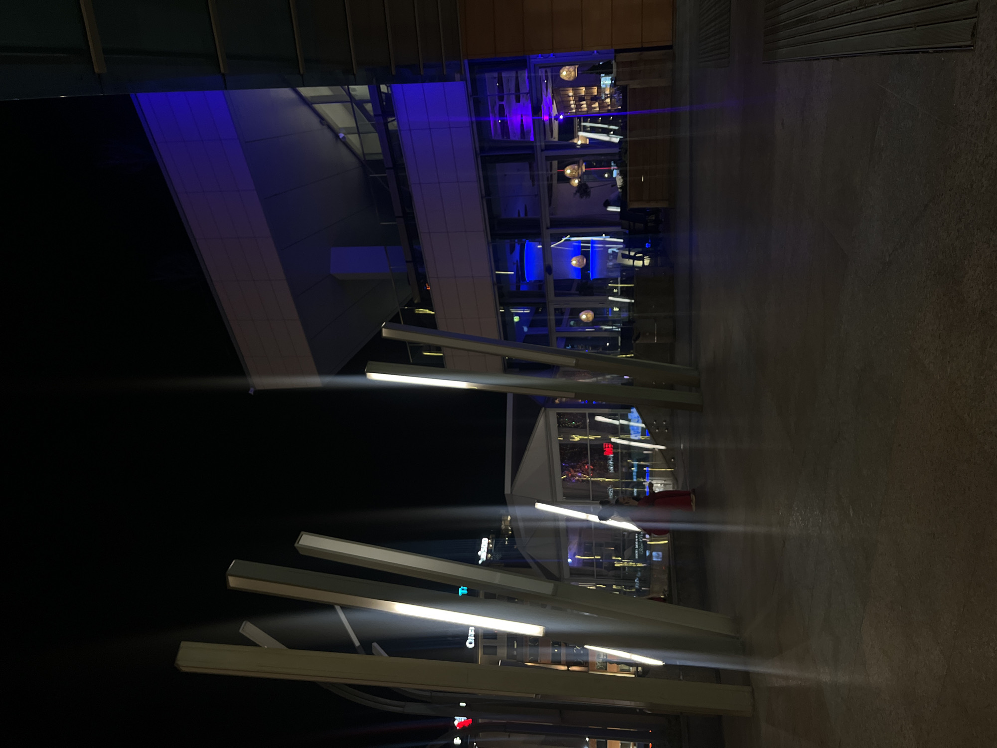 This image is a nighttime view of an urban landscape, likely in Sofia, Bulgaria. Dominating the scene are several illuminated, elongated, and angular structures, possibly part of an architectural design or art installation. These structures are placed along a pedestrian walkway. The ground is a textured concrete surface.
In the background, a modern building with glass facades and sections lit with blue lighting is visible. The building reflects various lights, suggesting a dynamic urban environment.
A few distant figures of people can be seen along the walkway. Their actions and interactions are indiscernible due to the distance and darkness. The overall scene suggests a contemporary and aesthetically designed public space in a city.