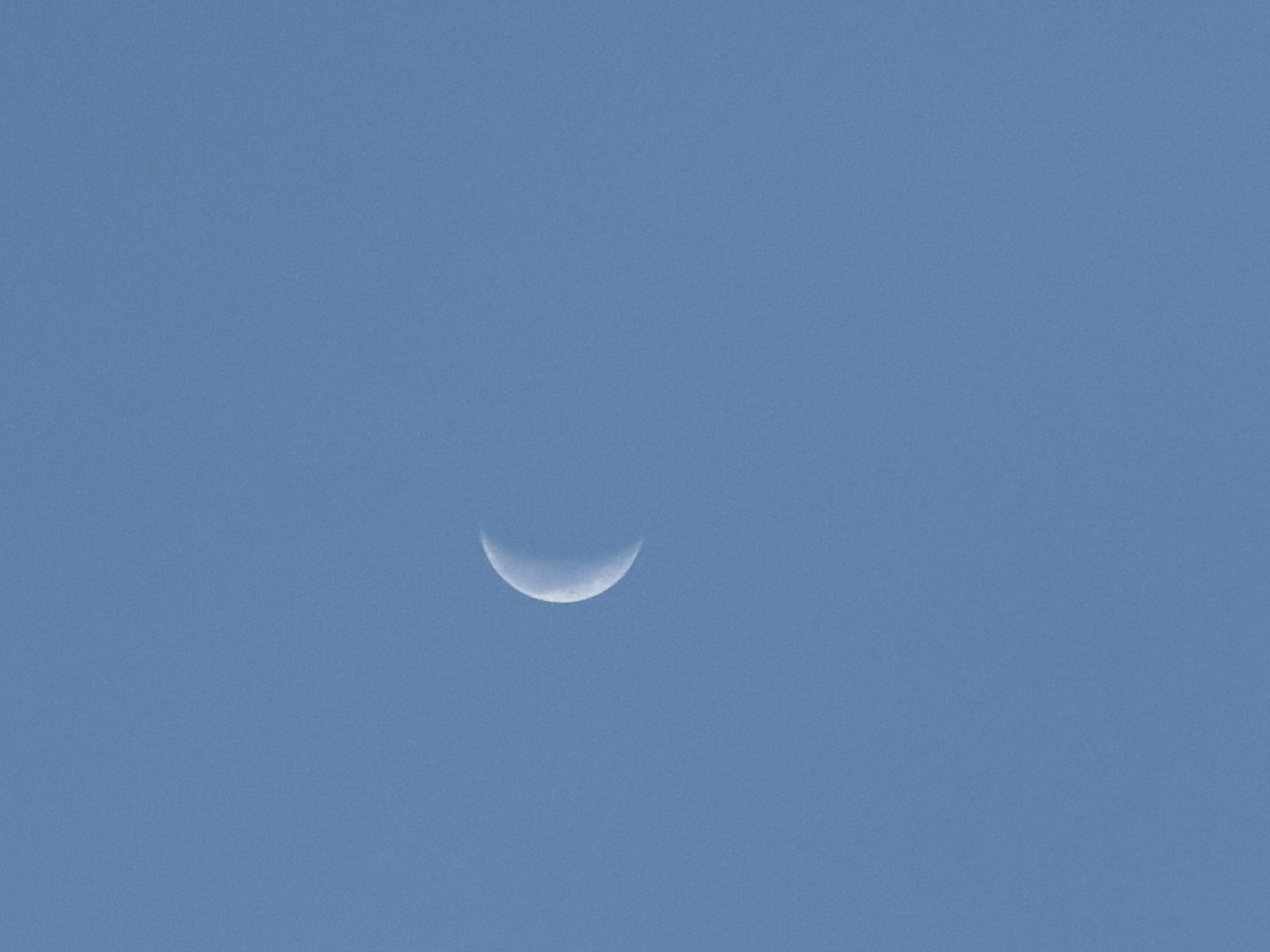 A crescent moon is visible against a clear, light blue sky.