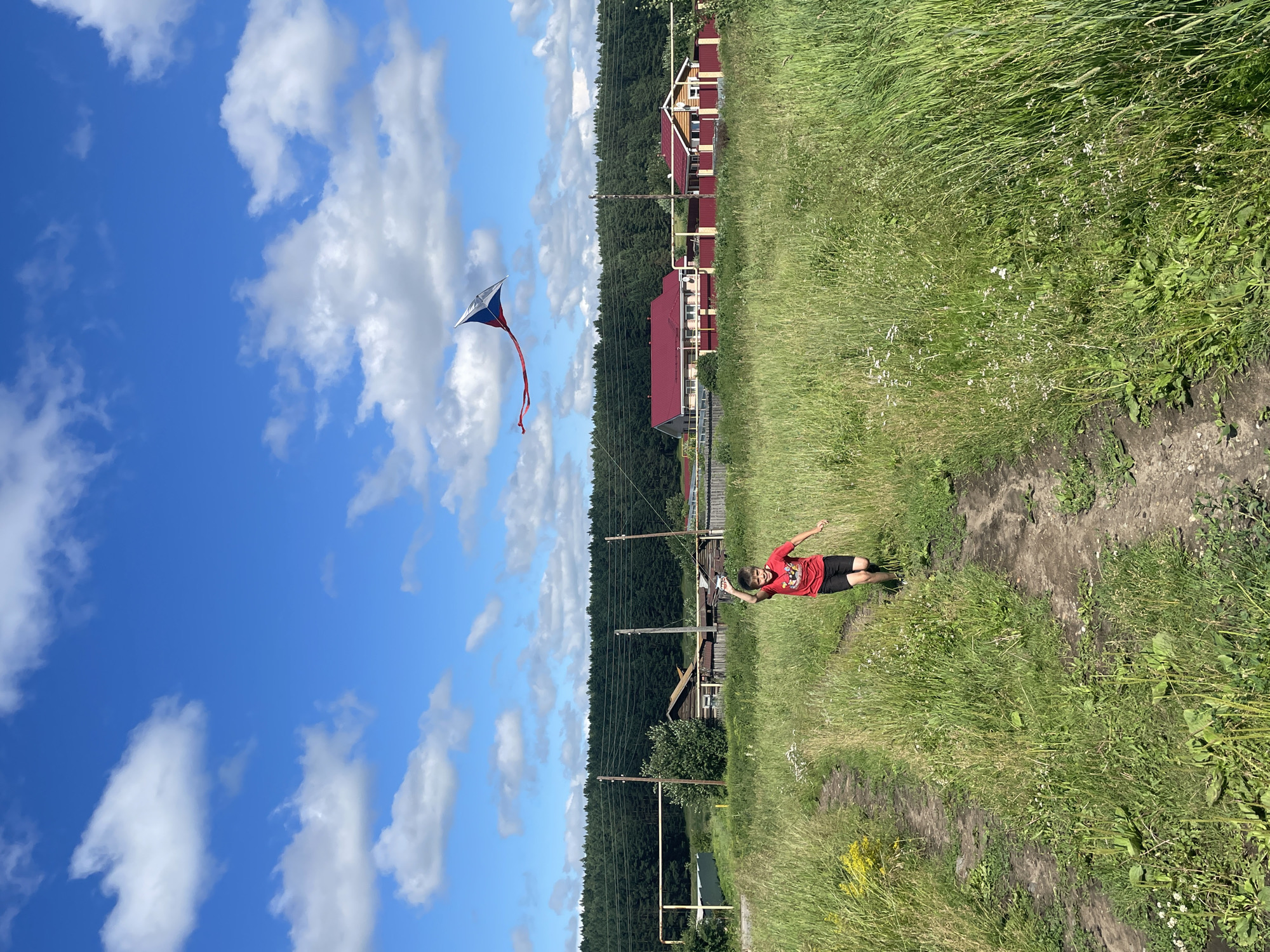 The image shows a young person in a red t-shirt and black shorts running with a kite in a grassy field. The kite is diamond-shaped with red, white, and blue colors and has two red ribbons trailing behind it. The setting appears to be rural, with a line of trees in the background and a few buildings with red roofs. There are power lines running horizontally across the scene. The sky is blue with fluffy white clouds, suggesting a sunny day. The person is captured mid-stride, with their right arm extended, possibly holding the kite string. The overall mood is one of activity and enjoyment. The location is identified as Маминское, Russia.