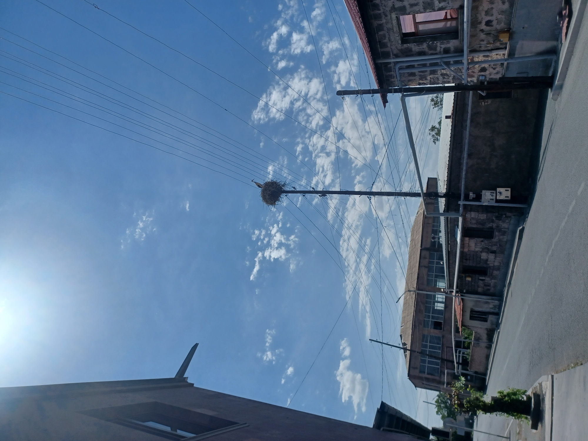 This is a vertical, eye-level, outdoor, daytime, medium shot photograph taken in Oshakan, Armenia. The scene depicts a street with a large building on the left, a smaller building with a stone facade on the right, and an industrial-looking building in the background. A tall pole with a stork's nest and a stork is prominently featured in the middle ground, surrounded by a network of power lines. The sky is blue with scattered white clouds, and the sun is bright, causing a slight glare in the upper left portion of the image. The street appears to be paved with asphalt, and there is a sidewalk on the left side of the road. The overall impression is one of a rural or semi-industrial urban environment.