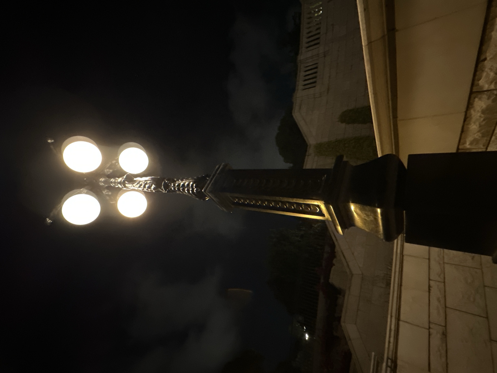 The image shows a four-headed streetlamp at night. The streetlamp is black with ornate detailing on its pole. Four circular lights are illuminated at the top of the lamp. The streetlamp is positioned in front of a stone staircase and railing. In the background, there are dark trees and a cloudy sky. The image appears to be taken from a low angle, looking up at the streetlamp. The environment suggests an outdoor public space, likely a park or a historic area within a city. Based on the architectural style and the lighting conditions, this scene is characteristic of the city of Haifa, Israel, possibly in an area with elevated viewpoints or significant pedestrian walkways.