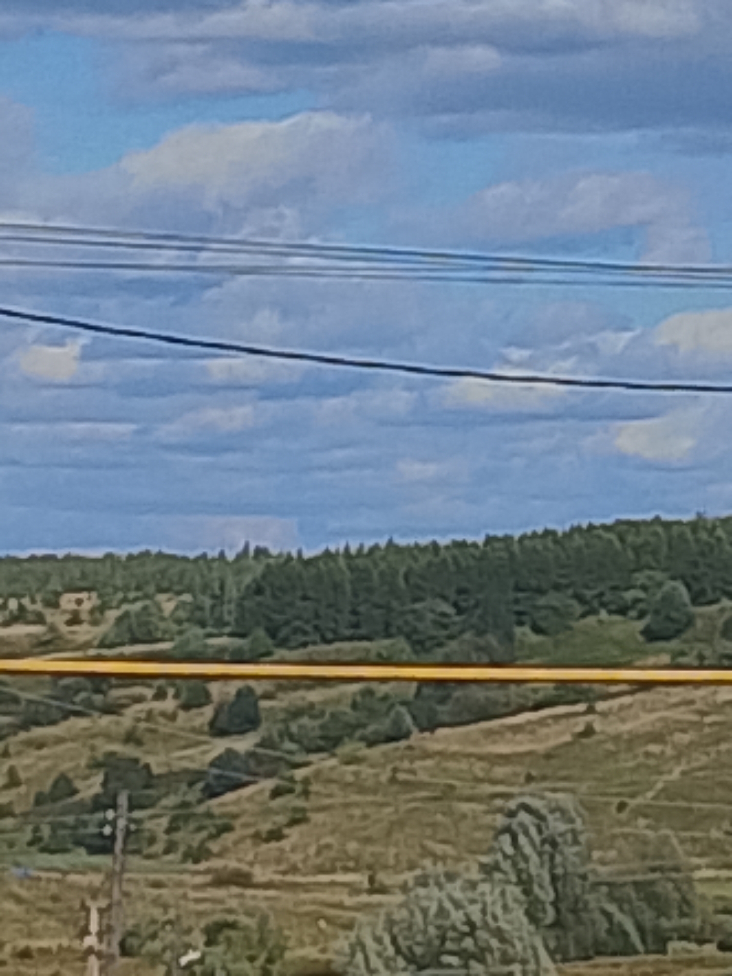 The image depicts an outdoor scene with a wide, undulating landscape under a cloudy sky. In the foreground, a bright yellow horizontal pipe or cable is prominently visible, cutting across the frame. Behind this, the terrain consists of varied vegetation, including bushes, grasses, and scattered trees, with some evidence of terraced or sloped land. A utility pole with visible insulators is present on the left side of the frame. Further in the background, a dense line of dark green coniferous trees forms a forest edge. Above the forest, the sky is filled with layered clouds, ranging from lighter white formations to darker, more textured gray clouds, against a pale blue sky. The image does not contain any people or specific identifiable buildings that would indicate a precise location within Арефино, Russia, beyond the general depiction of a rural or semi-rural environment.