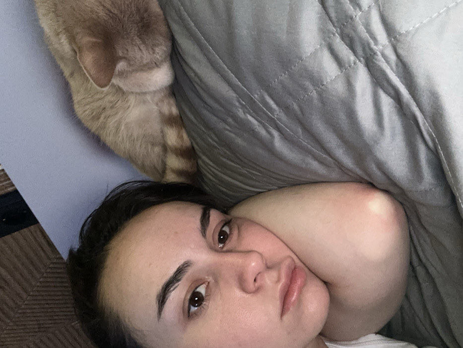 The image displays an indoor scene in Nekrasovskiy, Russia, likely a bedroom. A female individual is positioned in the foreground, lying on her left side, with her head resting on her bent right arm. She has dark hair, dark eyebrows, and brown eyes, and is looking towards the viewer with a neutral expression. A light-colored cat, with beige fur exhibiting faint tabby stripes on its lower back and tail, is resting to the right of the female, facing away from the viewer. Both subjects are on gray quilted bedding. A light blue surface is visible behind the cat, and a brown textured surface is in the upper left background.