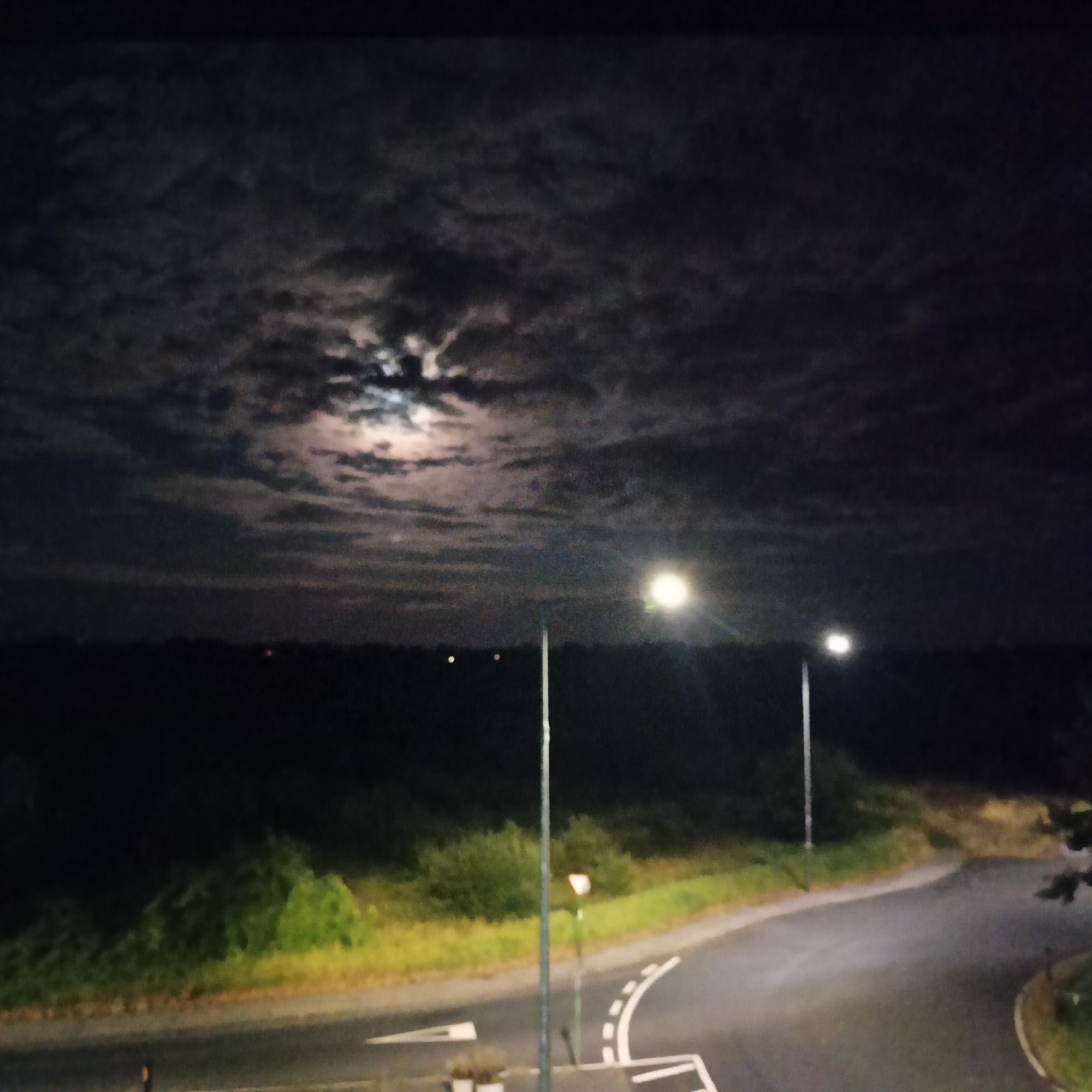 This is a nighttime photograph taken from an elevated position overlooking a road and surrounding landscape. The sky is dark and cloudy, with a bright full moon visible through a break in the clouds, casting a pale light. There are several streetlights illuminating the asphalt road, which curves to the right. The road has white markings, including arrows indicating direction and a dashed line separating lanes. To the left of the road, there is a grassy embankment with some bushes and trees. In the distance, beyond the embankment, the landscape appears dark and undulating, suggesting fields or low hills. The photograph appears to be taken in a semi-rural or suburban area. While the exact location in Limerick, Ireland, cannot be determined from the visual information alone, the scene depicts a typical road and landscape environment at night. There are no people or vehicles clearly visible in the image.