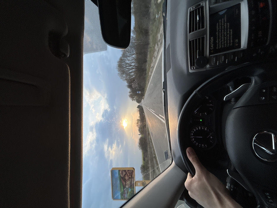 The image captures a first-person view from the driver's seat of a Lexus vehicle on a two-lane asphalt road in Grigorevo, Bulgaria, during the late afternoon or early evening. A left hand is visible gripping the black leather steering wheel, centered on the lower-left quadrant of the frame. The dashboard is visible, featuring an instrument cluster with a speedometer needle indicating approximately 60-70 units (likely km/h) and a tachometer. To the right of the steering wheel, the infotainment screen displays a "CAUTION" message regarding traffic regulations and not diverting attention. Air vents are visible on the dashboard, and a phone mount is affixed to the vent on the right.
The windshield is partially obscured by sun glare and numerous small specks, possibly dust or water droplets. Beyond the windshield, a straight road extends into the distance under a partly cloudy sky with a low-hanging sun on the horizon, casting a golden light and significant glare directly towards the vehicle. The sun's light creates sun rays extending into the clouds. On the left side of the road, a large billboard with a landscape image (depicting green hills and water) is visible. The roadside features bare trees and sparse brown vegetation, indicative of a dormant season or early spring. Further down the road on the right, additional road signs are discernible, but their text is indistinct. A rearview mirror is visible in the upper right portion of the windshield. The interior roof lining is dark.