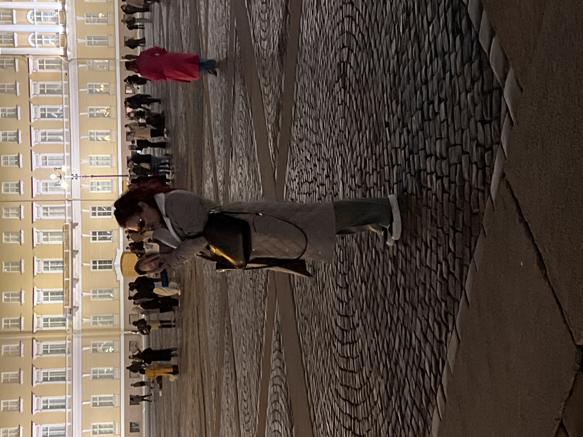The image depicts a nighttime scene in Saint Petersburg, Russia, specifically Palace Square. A building with multiple lit windows stands tall in the background. A crowd of people is present, some closer to the building and others further away. In the foreground, a person in a coat is seen. The ground is paved with cobblestones.