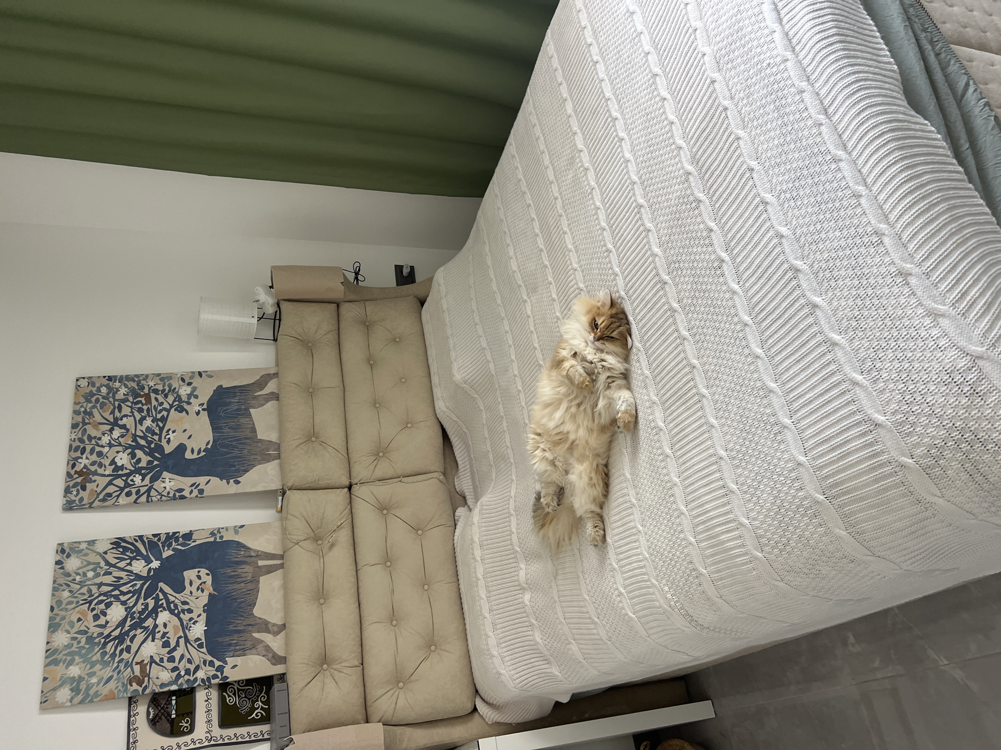 The image depicts a bedroom scene, presumably located in Aksu, Turkey, though this is not explicitly stated. The room features a large bed with a tufted beige headboard. A fluffy ginger cat is comfortably sprawled on its back on the white knit bedspread, exposing its belly. Above the headboard, two framed artistic prints of deer with intricate tree-like antlers are displayed on the wall. To the right of the prints, a modern white lampshade sits atop a bedside table. A muted green curtain hangs on the right side of the frame, and a portion of a grey tiled floor is visible in the lower left. The overall impression is one of a cozy and artfully decorated domestic space.