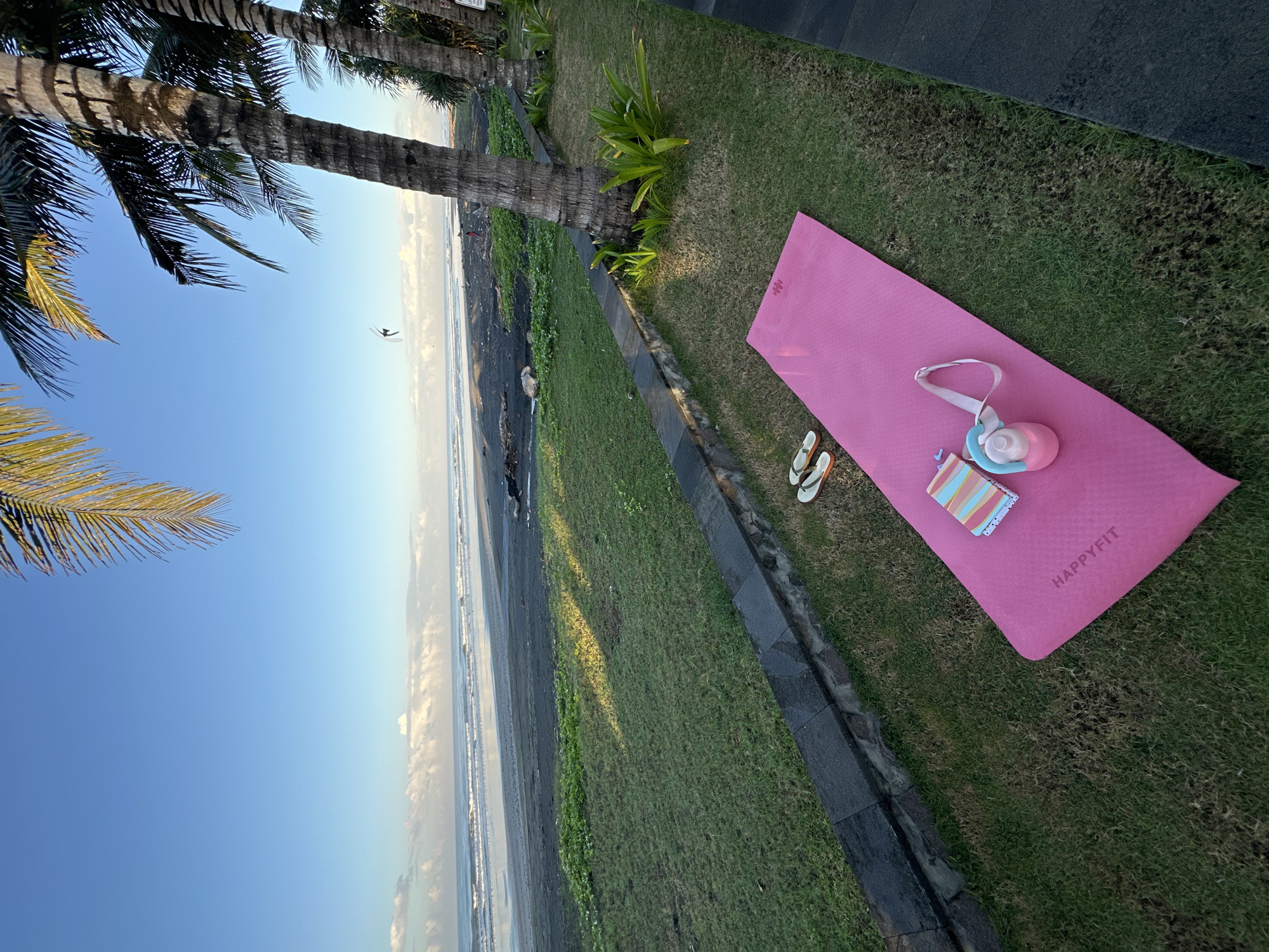 The scene, captured in Mendoyo, Indonesia, features a view of the ocean against a bright sky with palm trees. A black sand beach stretches alongside the coastline. A pink yoga mat is placed on the grass, accompanied by a water bottle, a small striped wallet, and a pair of sandals. The edge of a stone pathway is visible, bordering the grassy area.