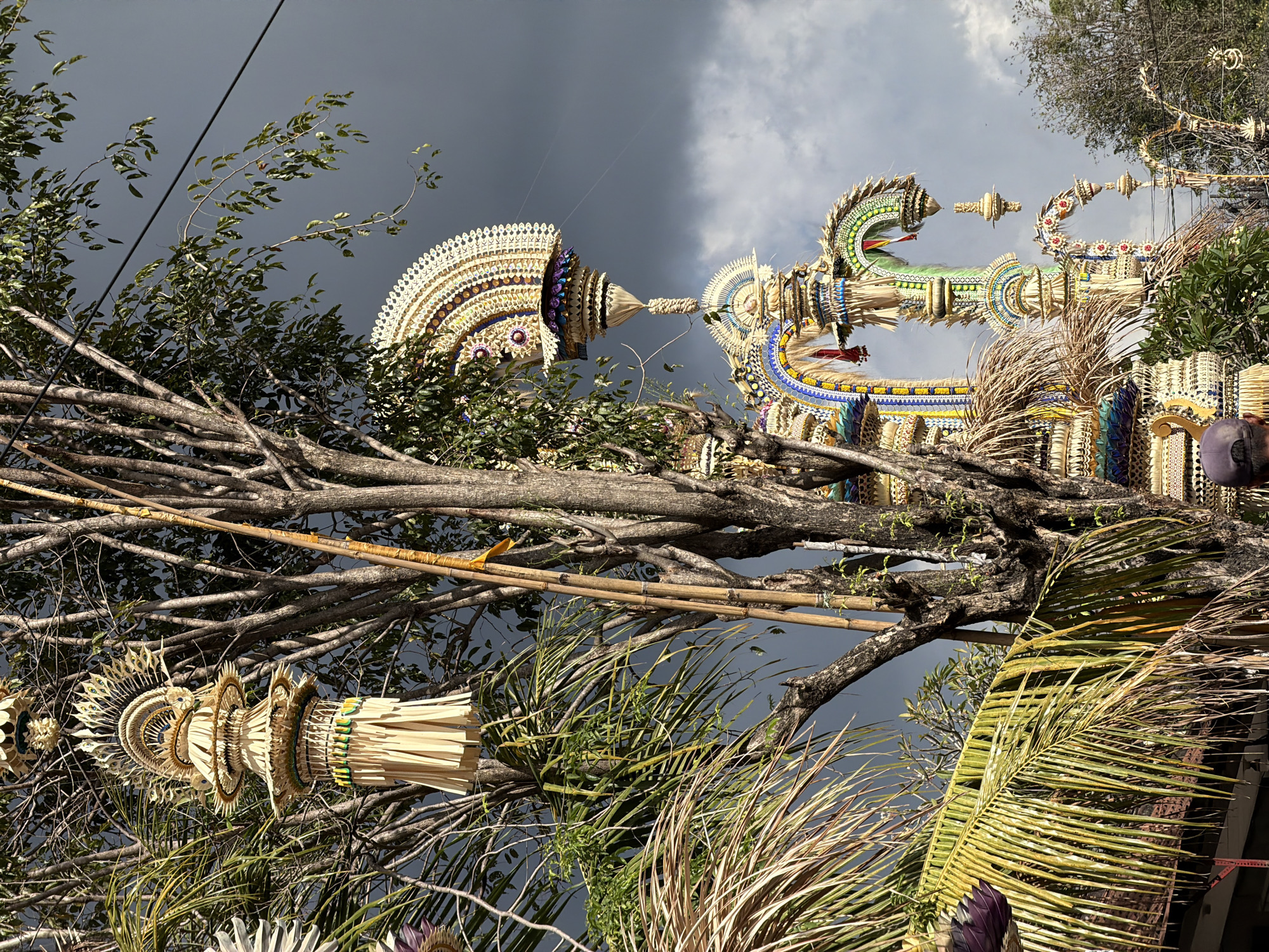 In North Kuta, Indonesia, an outdoor scene captures traditional Balinese decorations amidst natural foliage and a dark, cloudy sky. The foreground is dominated by the textured bark of a large tree, with its branches reaching upwards and interlacing with green leaves. Hanging from one of these branches is an ornate, multi-tiered decoration crafted from woven palm leaves and straw, featuring intricate layered patterns and fringe elements in shades of cream, green, and yellow. To the right, a tall bamboo pole stands vertically, adorned with a yellow ribbon near its top. Further into the background, elaborate, colorful structures are visible, characterized by arched doorways and tiered, fan-like decorative elements composed of woven materials, beads, and possibly colored glass. These structures exhibit vibrant hues of blue, yellow, green, and red, with metallic gold accents. Palm fronds, with their long, slender leaves, extend into the frame from the lower left, some appearing dry and golden. The sky is a dramatic, overcast grey, with hints of white clouds suggesting an approaching storm or diffused sunlight. The overall impression is one of cultural display and natural beauty under a moody sky.