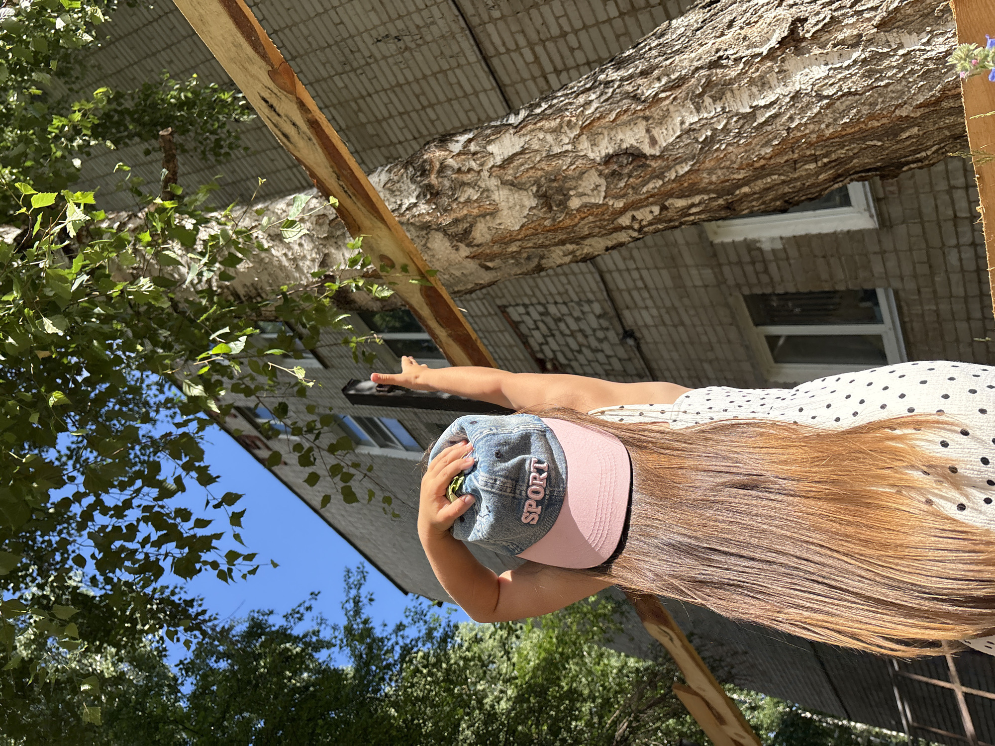 This media file shows a young girl wearing a denim cap with the word "SPORT" on it and a white dress with black polka dots. She is outdoors, with a large tree trunk positioned diagonally across the frame, obscuring part of the background. The tree trunk appears to be a birch, with its distinctive white, papery bark. Behind the tree, a building made of light-colored brick is visible, with several windows. Green foliage from the tree and other plants fills the lower left and right portions of the image, with a bright blue sky visible through the leaves.
The girl's arm is extended upwards, and her hand is placed on top of her head, near the brim of her cap. Her long, reddish-brown hair flows down her back, falling over her shoulders and chest. The lighting suggests it is daytime, likely a sunny day, given the clear sky and the way sunlight illuminates the scene. The overall impression is one of a casual outdoor activity, perhaps a moment of play or observation. The context provided places this scene in Chaikovsky, Russia.