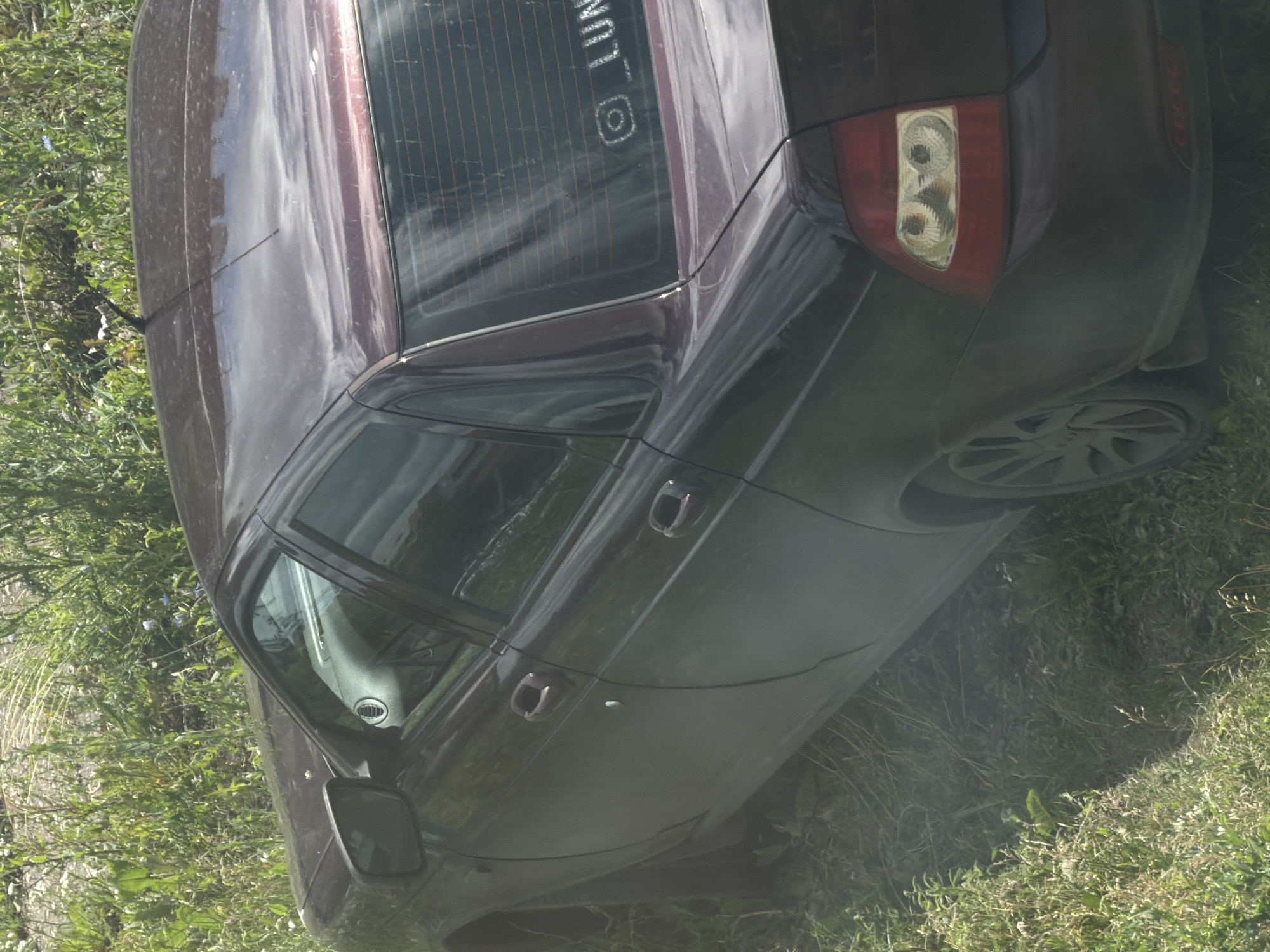 The image shows a dark-colored sedan parked on a grassy area next to a dirt road. The car is facing right, with its rear slightly towards the viewer. The vehicle has a rear spoiler and a sticker on the rear window that appears to be an Instagram logo and text. The surrounding environment is overgrown with tall grass and some scattered small plants. The lighting suggests it is daytime, with sunlight reflecting off the car's surface. There are no people visible in the image. The scene is consistent with a rural or undeveloped area. The location is stated to be in Япрыково, Russia.