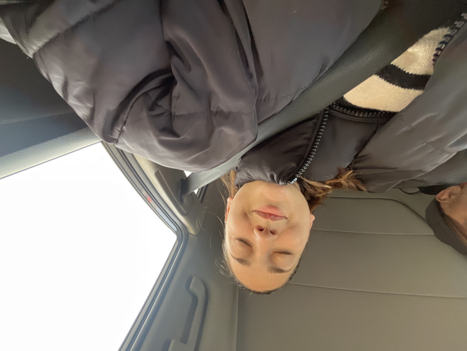 The image displays the interior of a vehicle, featuring one primary human subject and a partial view of another. The main subject, a female with brown hair, occupies the central-right portion of the frame. Her eyes are closed, and her mouth is slightly upturned in what appears to be a serene expression. She is wearing a dark, possibly black, puffer jacket over a cream-colored garment with black horizontal stripes. A dark seatbelt is fastened across her chest. Above her, an open sunroof reveals a bright, overcast sky. A subtle red line is discernible along the upper edge of the sunroof mechanism. In the lower-left corner, the top of another individual's head, partially obscured and wearing a dark cap, is visible. The vehicle's interior surfaces are primarily grey or beige. The image does not contain visual information to independently confirm the specific city location as Hoenheim, France.