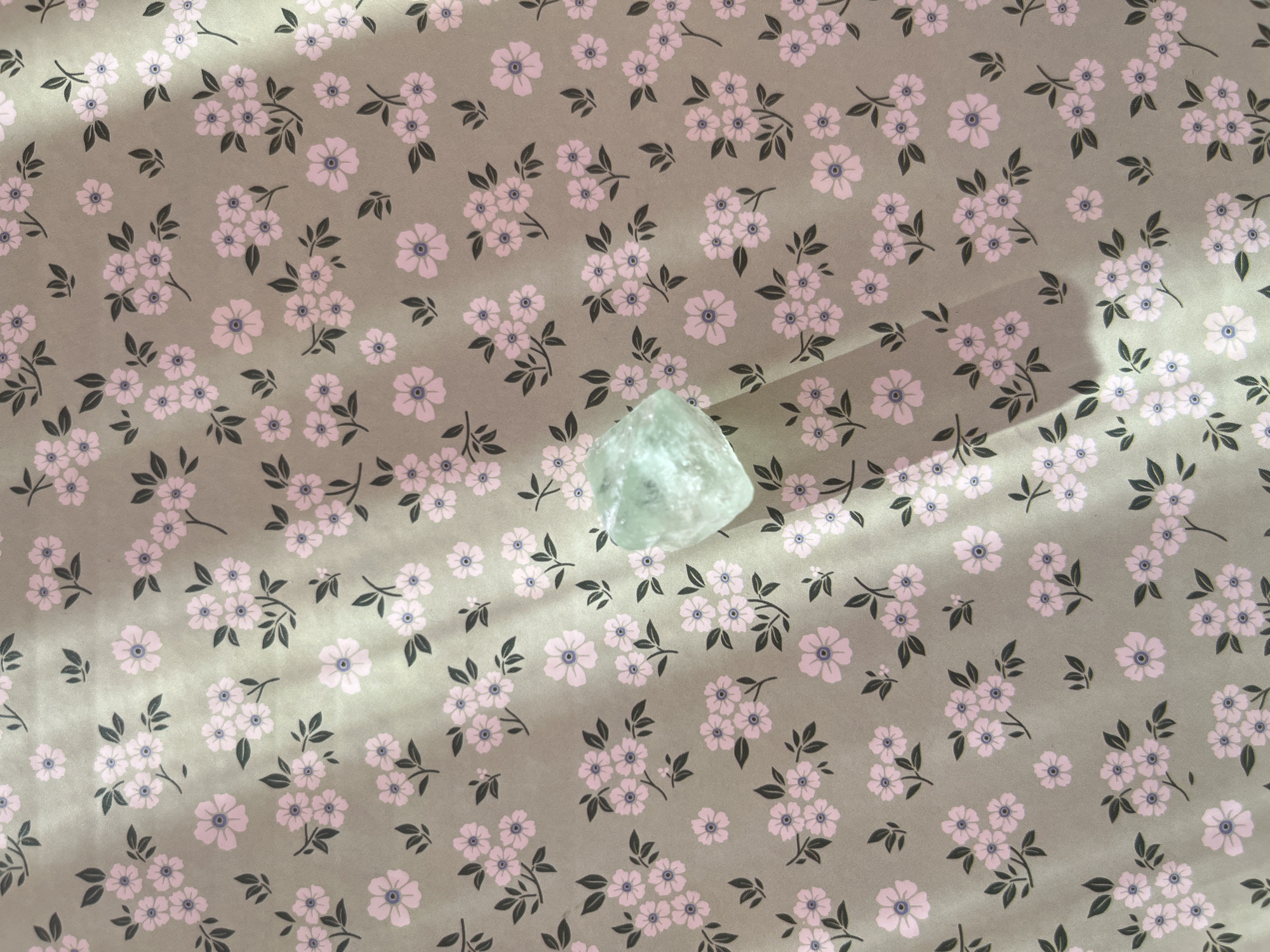The image shows a piece of patterned fabric with small, light pink flowers and dark green leaves on a light green background. A translucent, angular object, possibly a crystal or a piece of cut glass, is placed on the fabric. The scene is lit by natural light, casting soft shadows. The location is not discernible from the image.