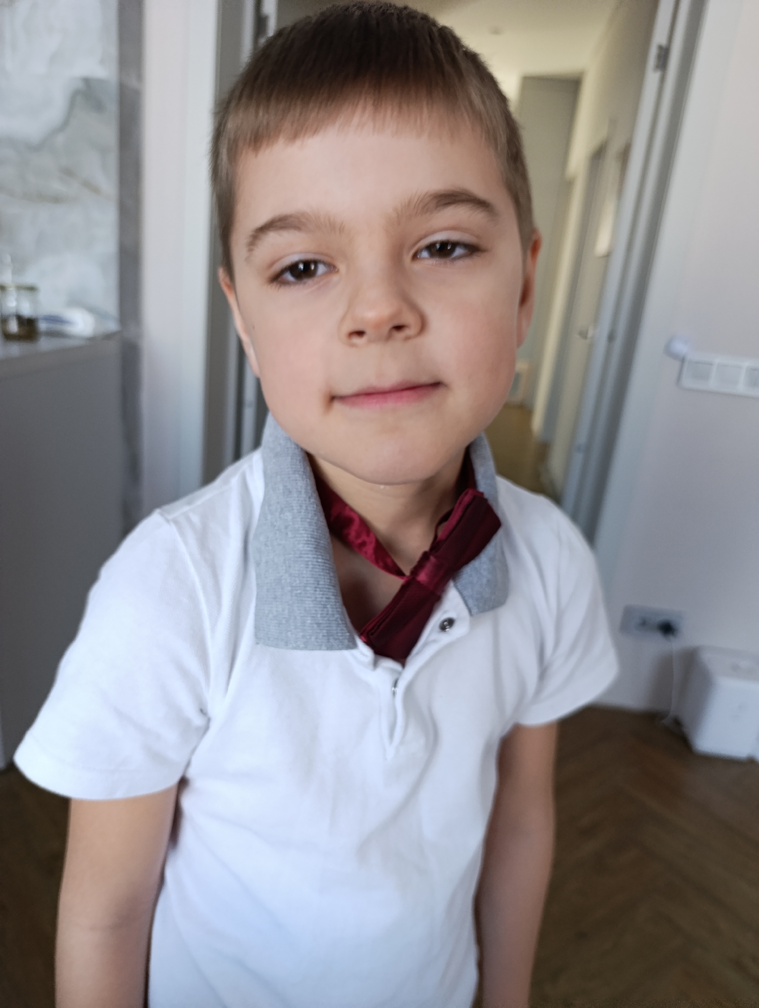 A close-up shot of a young boy, likely 6-8 years old, with short brown hair and brown eyes. He wears a white collared polo shirt with a grey collar and a loose, dark red ribbon tie. The background includes an out-of-focus interior of a home. The setting seems to be indoors, perhaps a hallway or living room, based on the flooring and nearby walls. The presence of a power outlet and some white rectangular box-like objects suggests a domestic environment. There is no information in the image to suggest the location is Chaikovsky, Russia.