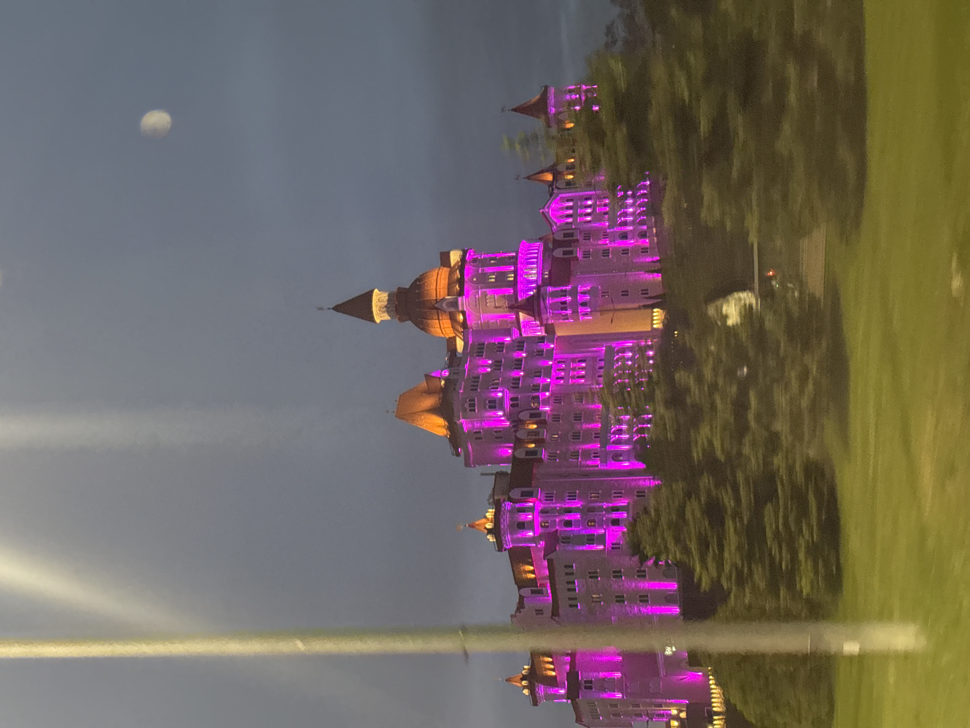 The image shows a large building illuminated with purple lights at night. A large dome-topped structure stands out on one side of the building. The moon is visible in the sky. The building reflects in a body of water in the foreground. There's a grassy area on the right side of the image. The location is likely in Sochi, Russia.