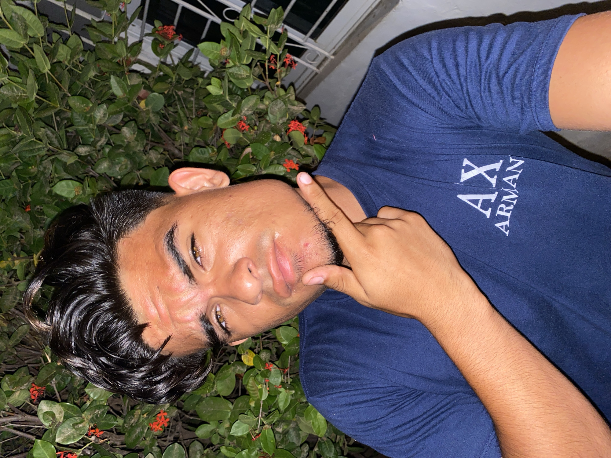 A young man is positioned in front of dense green foliage with small red flowers, likely in Juan Griego, Venezuela. The foliage appears to be growing near or around a building, as indicated by a white structure in the background. The man is wearing a blue T-shirt with "AX ARMANI" printed on it. He is touching his chin with his right hand. He appears to be looking directly at the camera with a slight tilt of his head. His hair is dark and styled back. His eyes are brown. He has some facial hair.