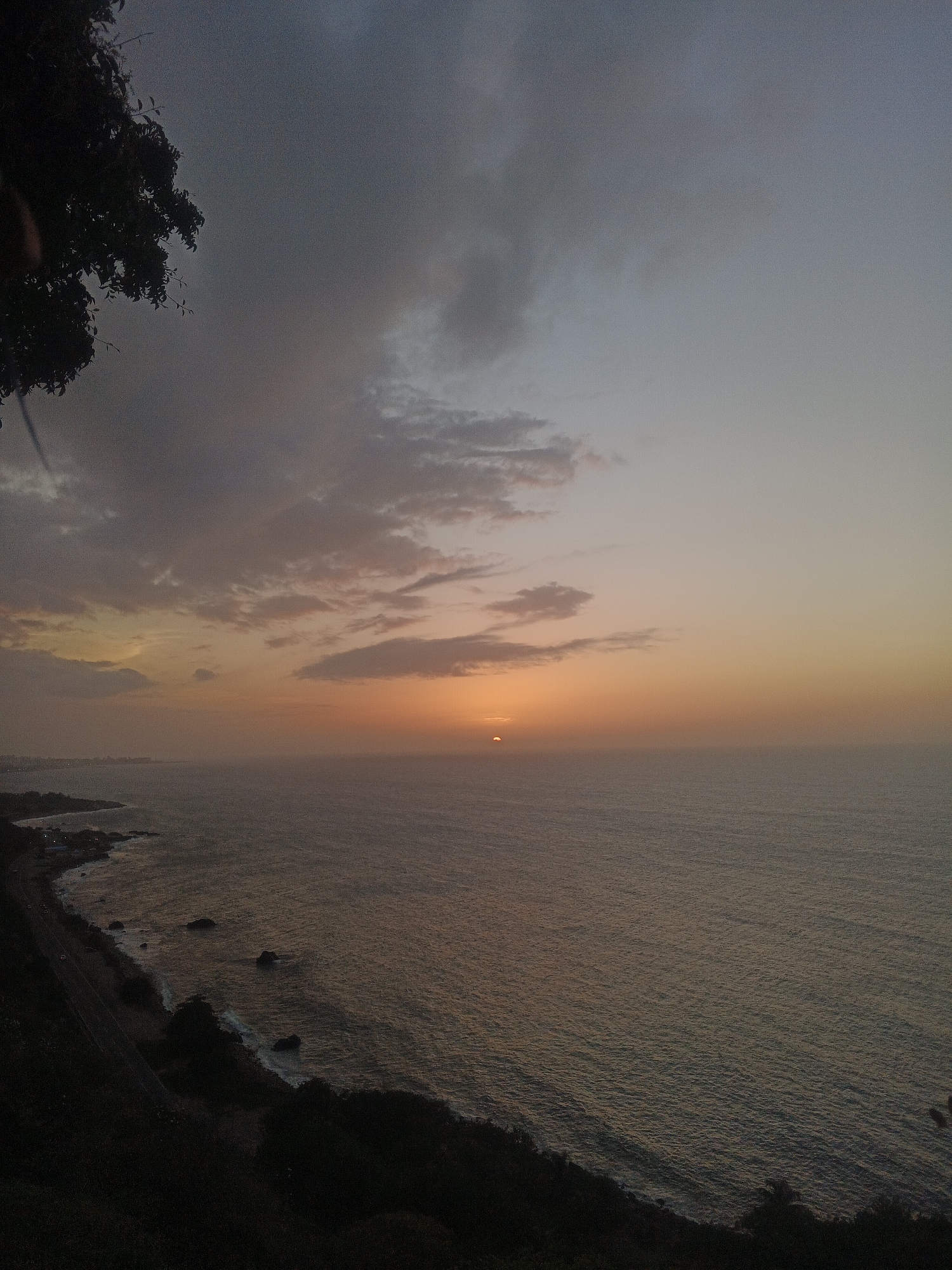 The image captures a coastal sunset near El Tigrillo, Venezuela. The scene is dominated by the vast ocean, its surface reflecting the fading light. The sky is a gradient of soft oranges, pinks, and grays, with scattered clouds adding texture. A sliver of the sun is visible on the horizon, casting a warm glow. In the foreground, a dark, silhouetted tree branch extends from the left side of the frame. Along the coastline, a road is visible, with some faint lights indicating a settlement. The water laps against the shore, with a few rocks emerging from the sea. The overall mood is tranquil and serene, as day transitions into night.