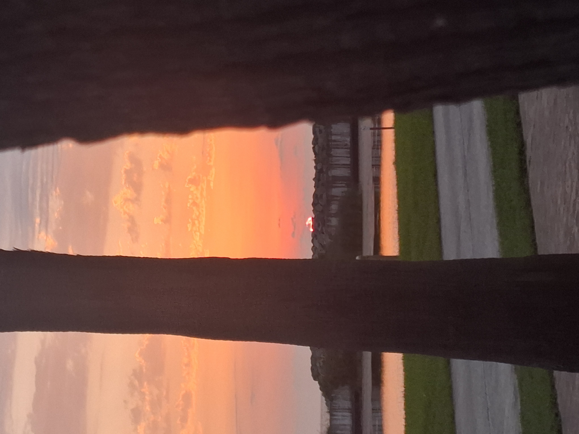 This image depicts a sunset over the Black Sea near Anaklia, Georgia. In the foreground, two large palm tree trunks frame the scene. The sky is a vibrant orange and pink, with scattered clouds. The sun, a small red orb, is visible just above a rocky breakwater. Beyond the breakwater, a body of water reflects the colors of the sunset. In the middle ground, there is a structure that appears to be a pier or a long building with vertical supports. Green grass and a paved path are visible in the lower portion of the image. The overall impression is of a serene coastal sunset.