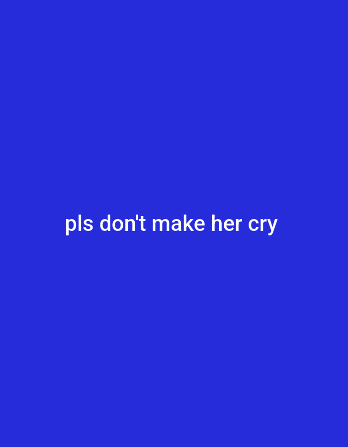 The image is a simple blue background with white text in the center that reads "pls don't make her cry". There are no other objects, people, or environmental details visible in the image. The location is unknown.