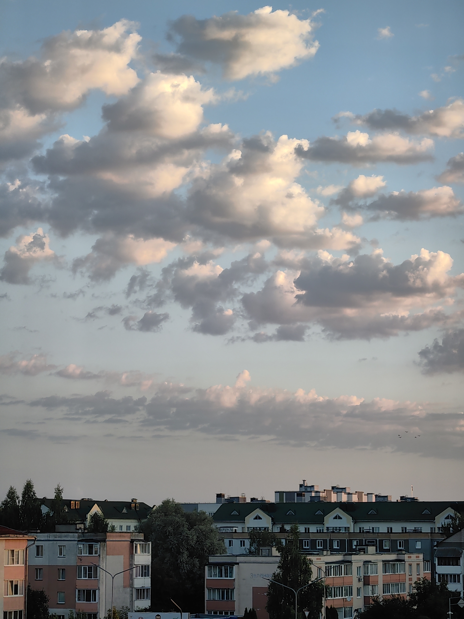 This is a photograph taken from a high vantage point, looking out over a cityscape under a dynamic sky filled with clouds. The scene is a residential area in Fanipal, Belarus. In the foreground, several multi-story apartment buildings are visible, featuring a variety of architectural styles, colors, and window arrangements. Some buildings have balconies, and others have pitched roofs with dormer windows. Trees are scattered throughout the foreground and between the buildings, with some appearing quite dense.
The sky dominates the upper portion of the image. Large, fluffy clouds are scattered across a clear blue sky. The lighting suggests it is either early morning or late afternoon, as the clouds are illuminated with warm tones of pink and yellow, contrasting with their grayer undersides. A few birds are visible in the upper right quadrant of the sky. The overall impression is one of an urban environment bathed in the soft light of a transitional time of day.