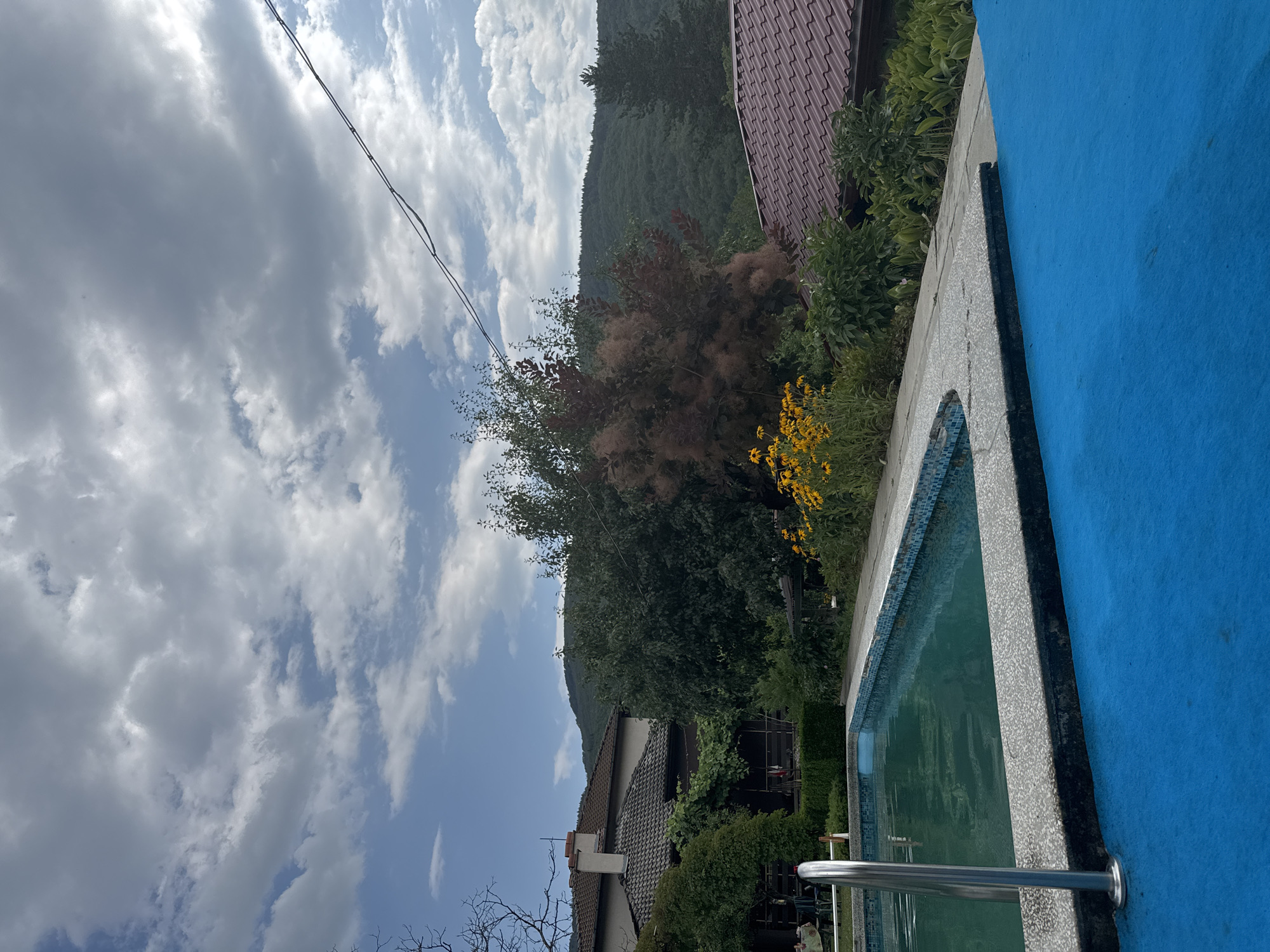 The image depicts an outdoor scene at a swimming pool in Leskovdol, Bulgaria. In the foreground, a bright blue surface occupies the bottom right and extends towards the left. To the left of this blue surface is a swimming pool with turquoise water, bordered by a tiled edge and a concrete perimeter. A chrome pool ladder is partially visible in the pool.
Behind the pool, the mid-ground reveals a lush, green garden area with various plants and trees. Notably, a large tree with reddish-brown, feathery foliage stands out. Yellow flowers are in bloom among the greenery. Several buildings with tiled roofs are visible in the background, nestled among trees and hills. A portion of a house with a prominent chimney and a dark tiled roof is seen on the left. Another building with a reddish-brown tiled roof is situated on the right.
The background is dominated by a densely forested hill, characteristic of the natural landscape around Leskovdol. The sky above is partially cloudy, with patches of blue visible. Overhead, a power line stretches across the frame. The overall impression is of a residential property with a swimming pool, set within a natural, hilly environment.