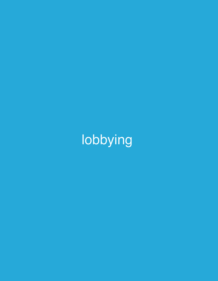 The scene is a minimalist display set in the city of New Stadium, Nigeria. It features a solid, vibrant blue background that covers the entire frame, presenting a uniform color field. At the exact center of this blue canvas, the word "lobbying" is prominently displayed in clean, white, sans-serif letters. No other objects, people, or environmental elements are visible, making the white text on the monochromatic blue background the sole focus of the composition within this specified location.