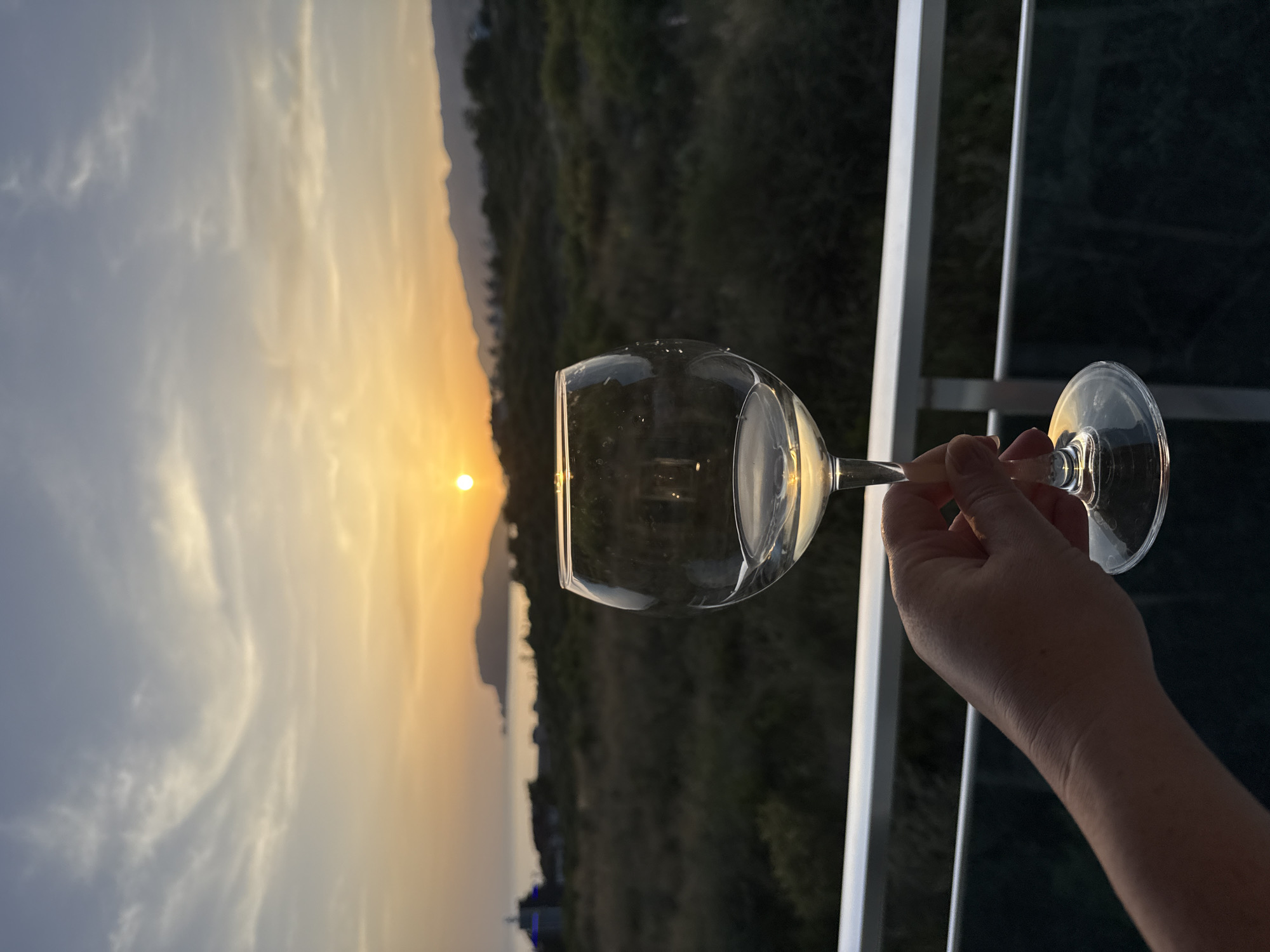 An eye-level, medium indoor/outdoor shot depicts a hand holding a partially filled wine glass in front of a sunset and hilly landscape, seemingly taken from a balcony. The hand, belonging to a light-skinned individual, grips the stem of the wine glass, which contains a clear, pale liquid. Behind the glass, the setting sun emits a bright, golden light, positioned between mountain ridges in the distance. The sky above the sun transitions from yellow to grey, indicating either sunrise or sunset. Below the mountains, a dense green, hilly area is visible, with a few lights suggesting sparse residential areas. White balcony railings partially frame the view. Based on the presence of mountains near the coast and a sunset view, the location is likely Alanya, Turkey. The exact activities or intentions of the person are not explicitly depicted, but the act of holding a wine glass during a scenic sunset is suggestively leisurely or contemplative.