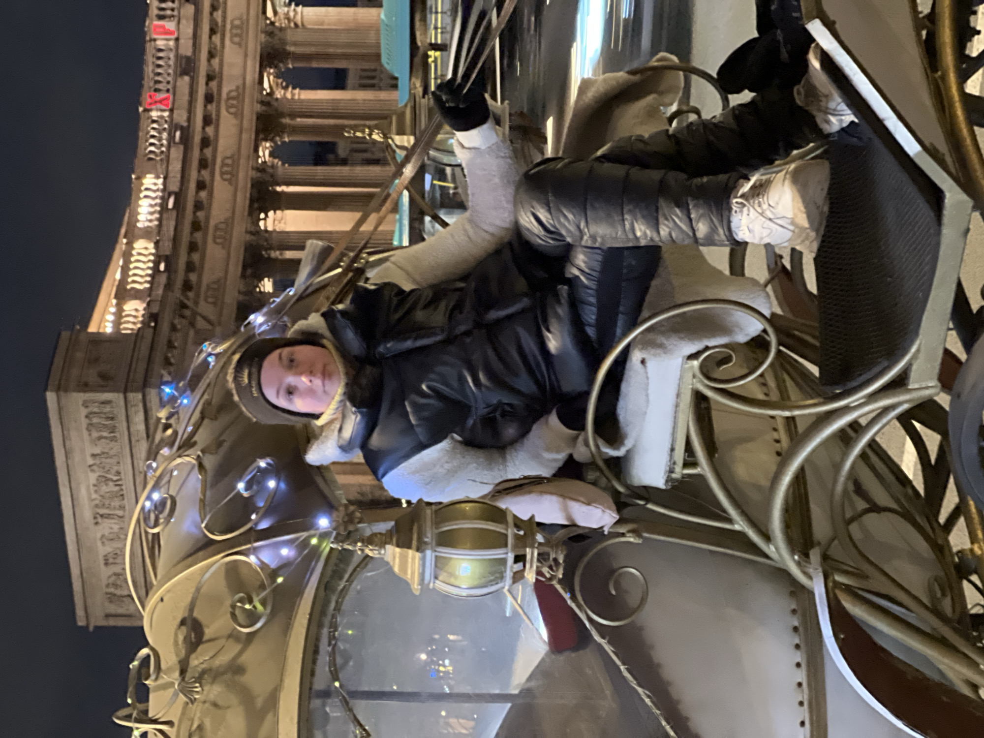A person is sitting in a decorative carriage with elaborate metalwork, possibly as a photo opportunity, in front of the General Staff Building on Palace Square in Saint Petersburg, Russia. The person wears a dark winter coat with fur trim and a hat. There are lights decorating the carriage. The General Staff Building is lit, and a red Cyrillic letter "X" is visible at the top. The sky is dark.
