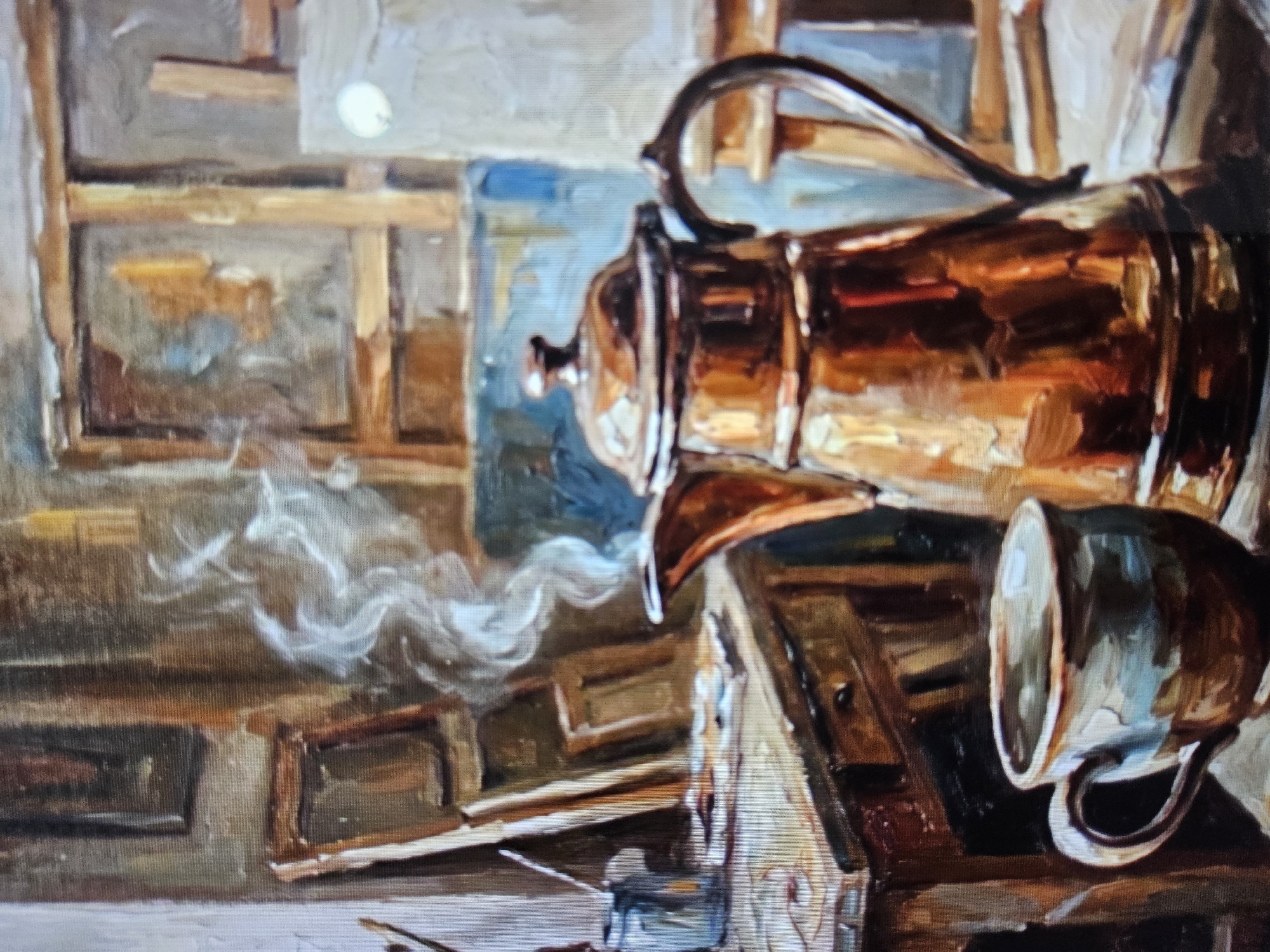 This is a close-up oil painting of a still life featuring a copper coffee pot and a ceramic mug, set in what appears to be an artist's studio. The coffee pot is ornate with a lid and handle, positioned to the right of the mug. Wisps of steam rise from the pot, suggesting it contains hot liquid. To the left of the pot is a rustic ceramic mug, partially filled with a dark liquid, also emitting steam. Both the pot and mug are rendered with visible brushstrokes, indicating a painterly style.
The background suggests an artist's workspace. On the left, a wooden table is visible with what looks like art supplies, including a paint can and various framed objects leaning against it. The overall lighting is warm, highlighting the metallic sheen of the coffee pot and the textures of the ceramic mug. The scene conveys a sense of quiet contemplation and artistic inspiration, potentially a moment of respite for an artist. The location in Payagaboh, Indonesia is not visually represented in the image.