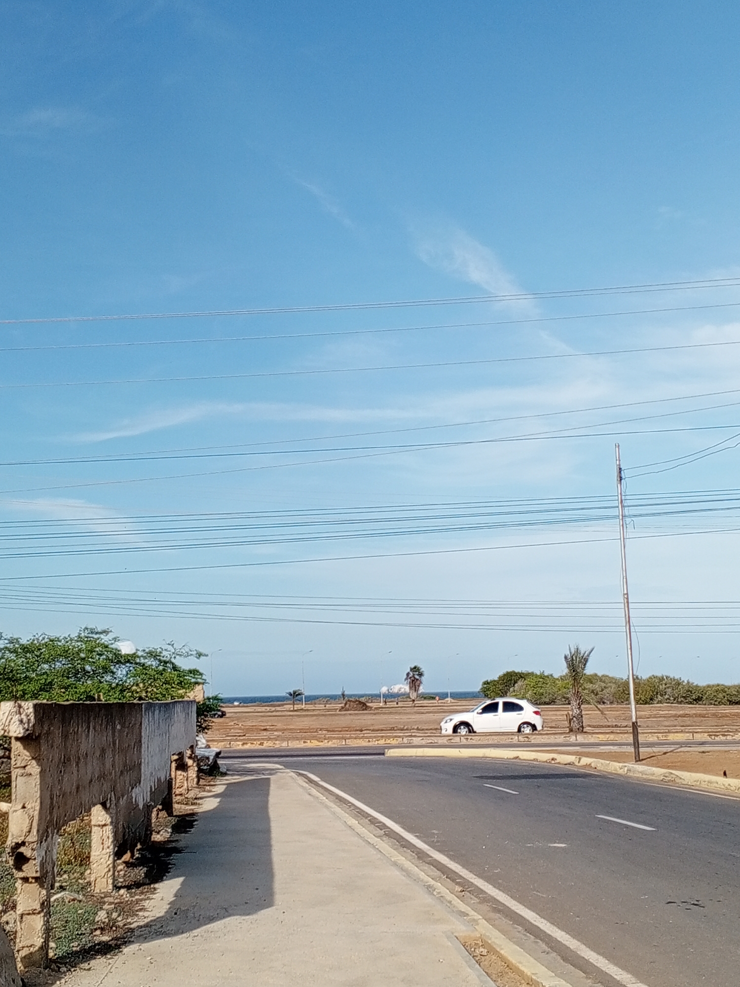 The image depicts a street scene in Porlamar, Venezuela, characterized by a road curving from right to left. A white car is seen in the middle of the road. On the left, there's a weathered concrete wall, overgrown with greenery. A sidewalk parallels the road. Utility poles and numerous overhead power lines are visible against a clear blue sky with sparse clouds. In the background, beyond the road and some vegetation, there's a glimpse of the ocean. The overall scene suggests a coastal urban environment during daylight.