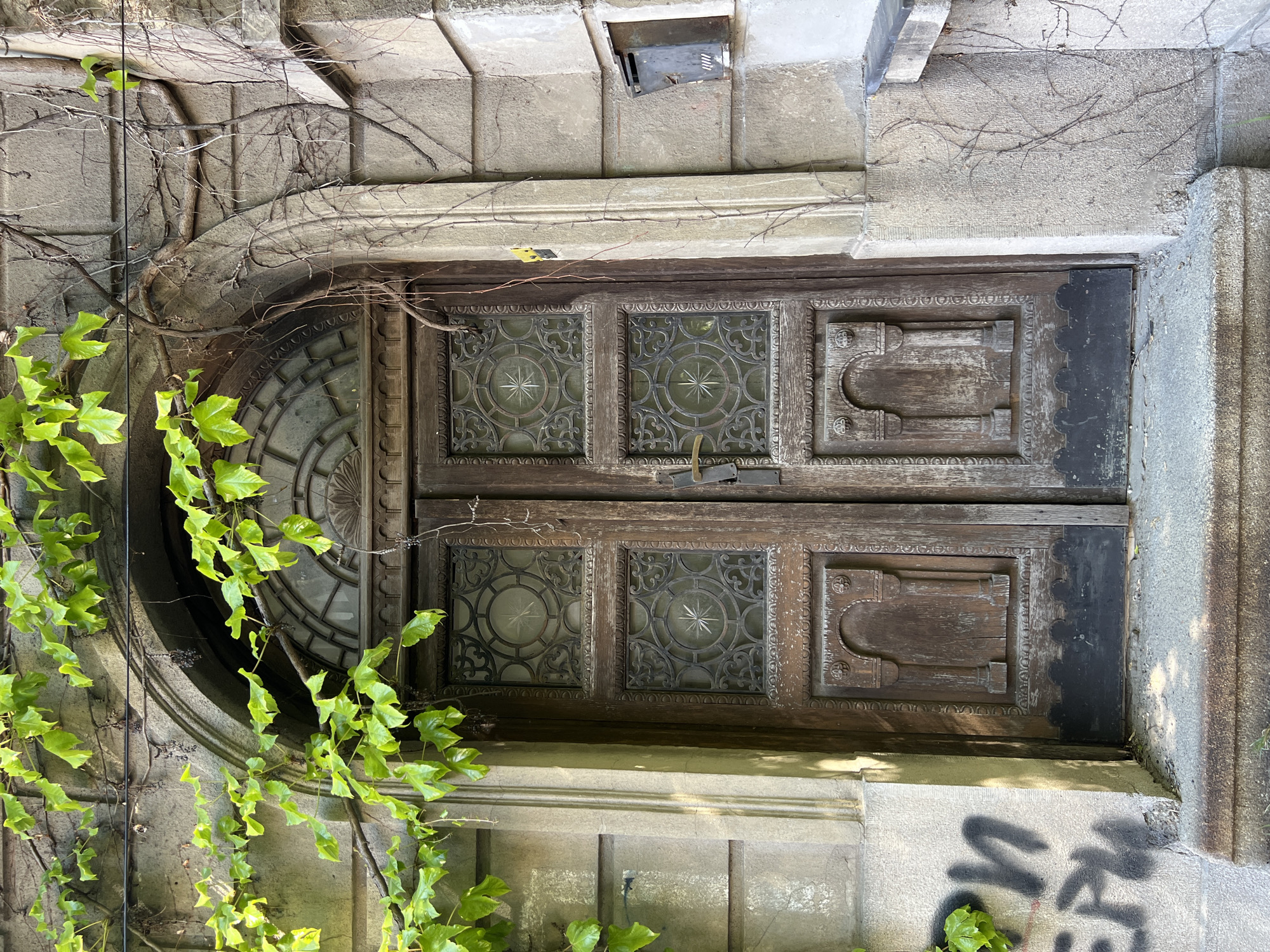 A detailed view of a weathered, wooden double door set within a stone archway and frame is presented. The door is decorated with intricate patterns, including geometric designs and a metal star-like motif in the central panels. There is an iron latch securing the door. The stone frame shows signs of age and weathering. A thick growth of ivy clings to the left side of the archway, adding a natural, organic element. Graffiti is visible on the stone base below the door. The location of this architectural detail is in Belgrade, Serbia.