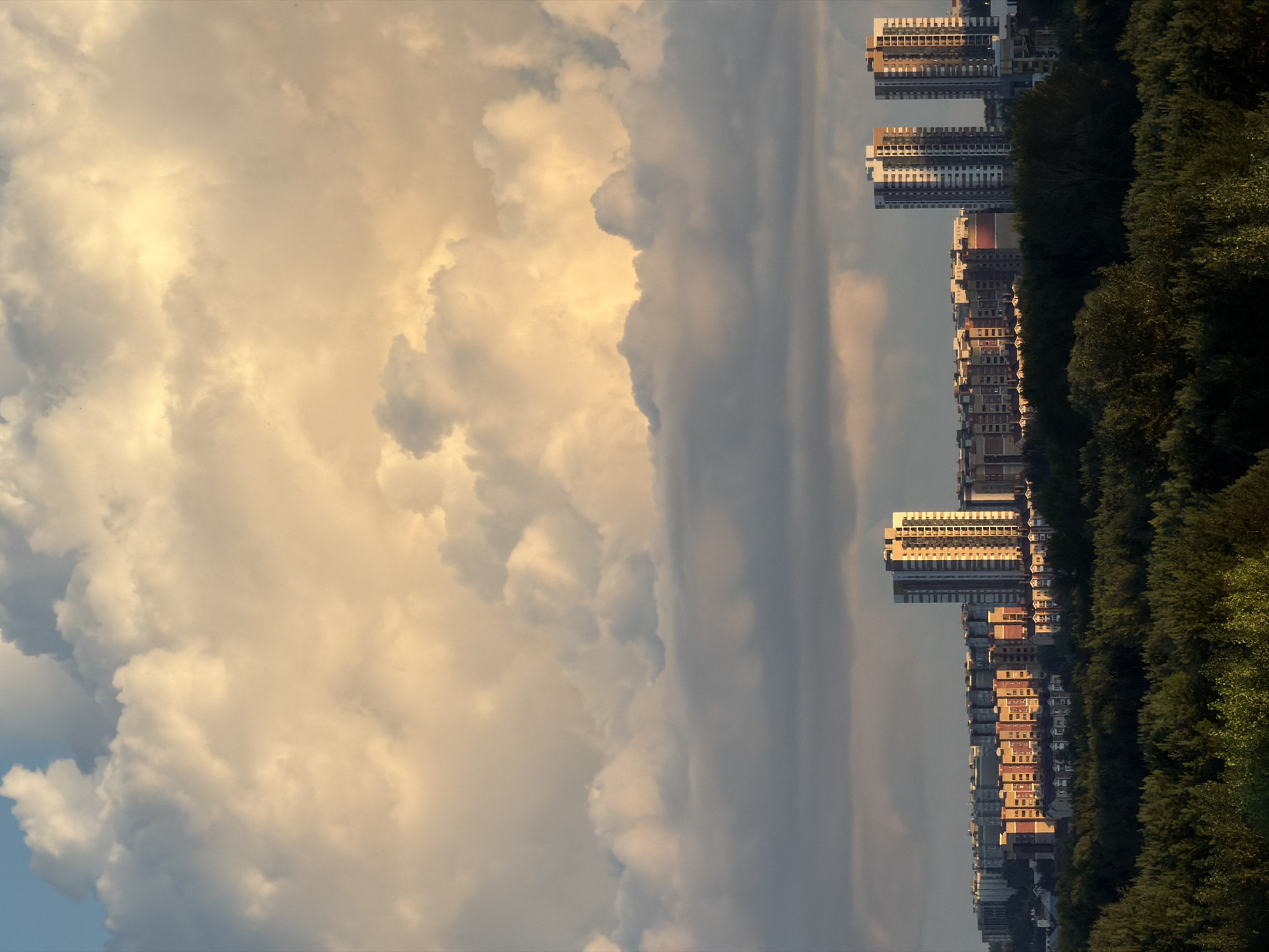 The image depicts a skyline of buildings in the city of Unknown, Unknown, situated behind a dense forest. The buildings are a mix of apartment complexes and taller, modern high-rises, some of which are illuminated by the warm glow of the setting sun. Above the cityscape, a dramatic sky is filled with large, voluminous clouds that are tinged with orange and yellow hues, indicating either sunrise or sunset. The forest in the foreground is lush and green, with the tops of the trees forming a textured canopy. The overall impression is one of an urban landscape transitioning into the softer light of dusk or dawn.