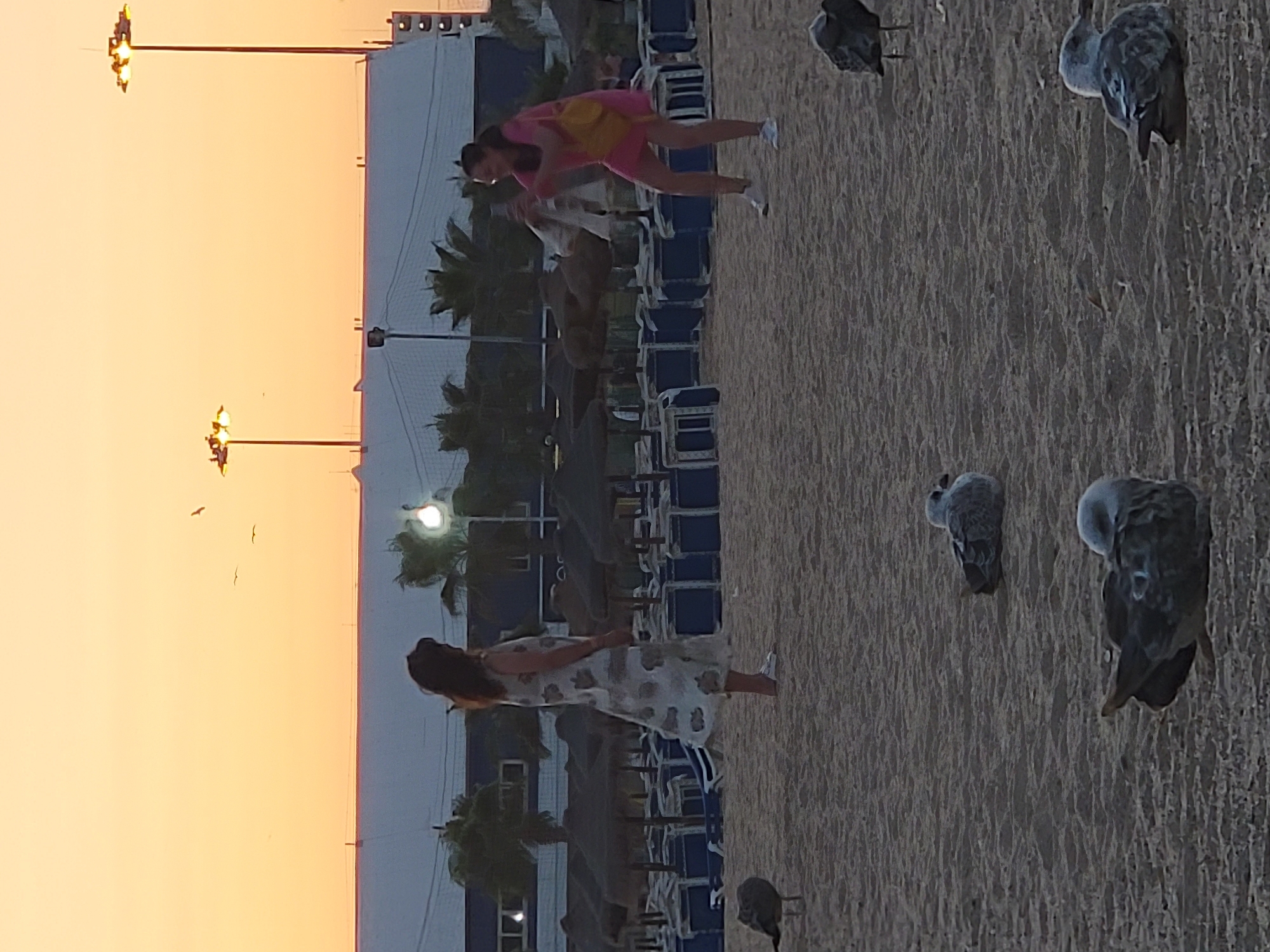 This image captures a scene on the beach in Quarteira, Portugal, during a sunset. Two women are present on the sand. The woman on the left, wearing a patterned dress and white shoes, stands facing to her right, looking away from the camera. The woman on the right, wearing a bright pink dress and white shoes, is facing the woman in the patterned dress and appears to be taking a photo with her phone. She is also carrying a yellow bag over her shoulder. Several seagulls are scattered across the sandy beach, with some in the foreground and others in the background. In the middle ground, there are rows of empty beach chairs and umbrellas, suggesting the beach is not currently crowded. Beyond the beach setup, a building with lights on is visible, and in the background, two tall lampposts with spotlights are prominent against the orange and yellow hues of the twilight sky.