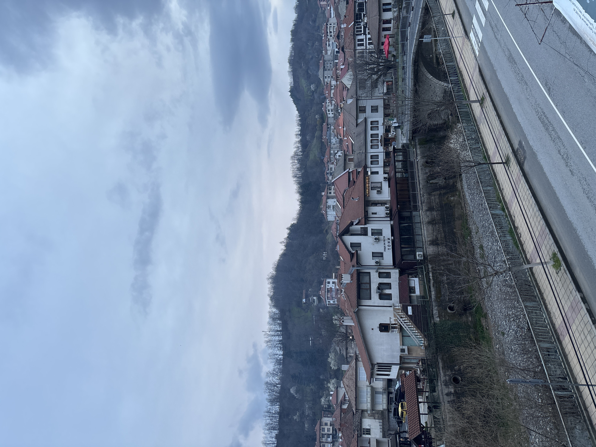 The image depicts an urban scene in Zlatograd, Bulgaria, viewed from an elevated perspective. The sky is overcast with grey clouds. In the foreground, a road runs alongside a narrow, shallow riverbed filled with rocks and sparse vegetation. A series of buildings with red-tiled roofs and white facades line the riverbank. The buildings are densely packed, and some have visible air conditioning units. The Cyrillic text "ТОНИ" is visible on one of the buildings. Behind the buildings, a hillside covered with trees rises, with some sparse buildings visible further up the hill. A few bare trees are interspersed among the structures. A street runs horizontally on the right. Pedestrian road markings are visible on the road.