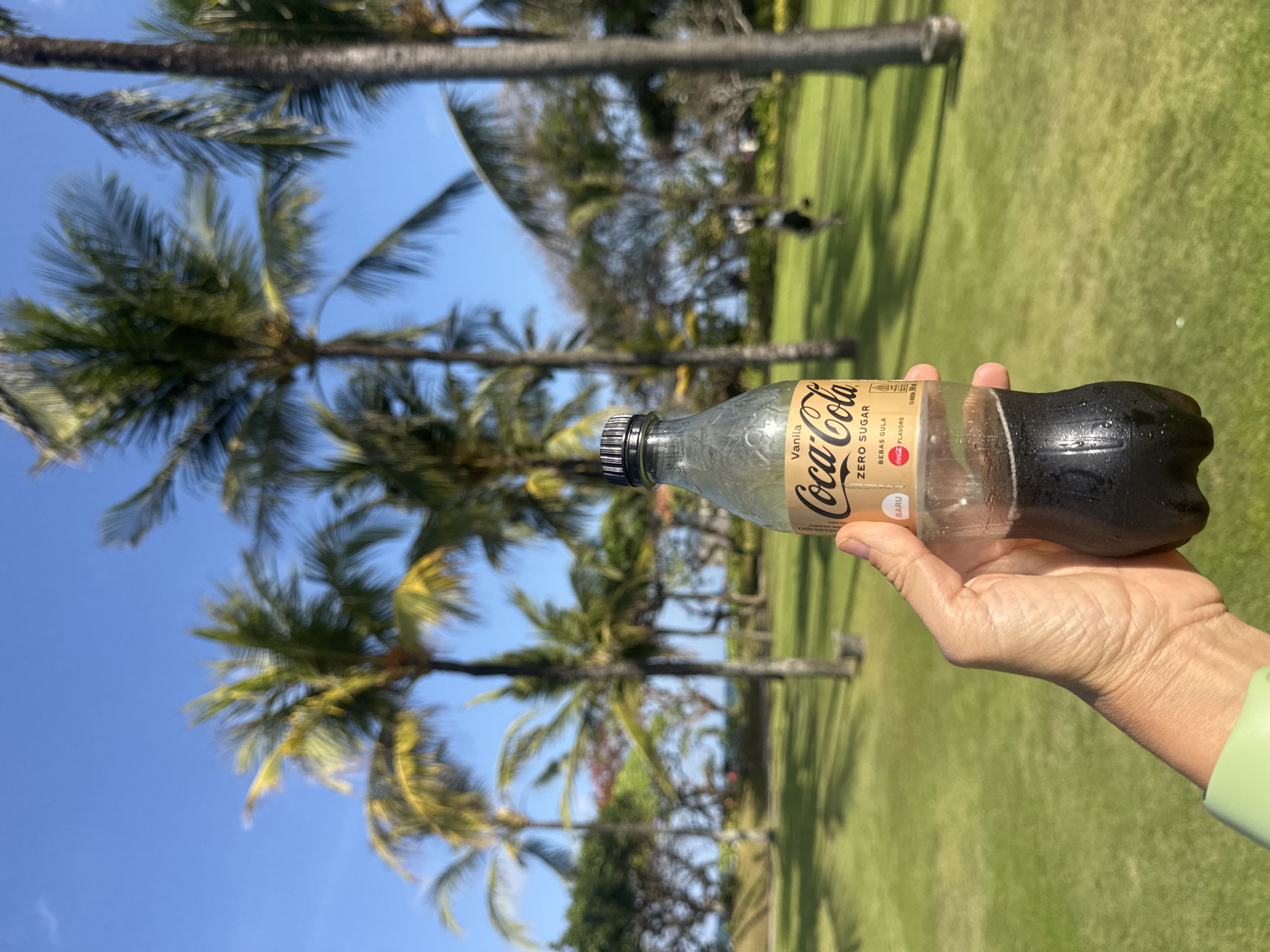 A hand holds a clear plastic bottle of Coca-Cola Vanilla Zero Sugar in front of a sunny, outdoor scene. The bottle is about half-full of a dark liquid with condensation on the outside. The label on the bottle is primarily tan and brown, with the Coca-Cola logo prominently displayed. Text on the label includes "Vanila", "ZERO SUGAR", and "BEBAS GULA". Behind the bottle and hand, a lush green lawn is visible, dotted with several tall palm trees under a clear blue sky. In the distance, a person in dark clothing is walking on the lawn, and a body of water, likely the ocean, can be seen beyond the trees. The environment suggests a tropical location, possibly a resort or park area in Kuta Selatan, Indonesia, given the presence of palm trees and the clear blue sky indicative of a warm climate.