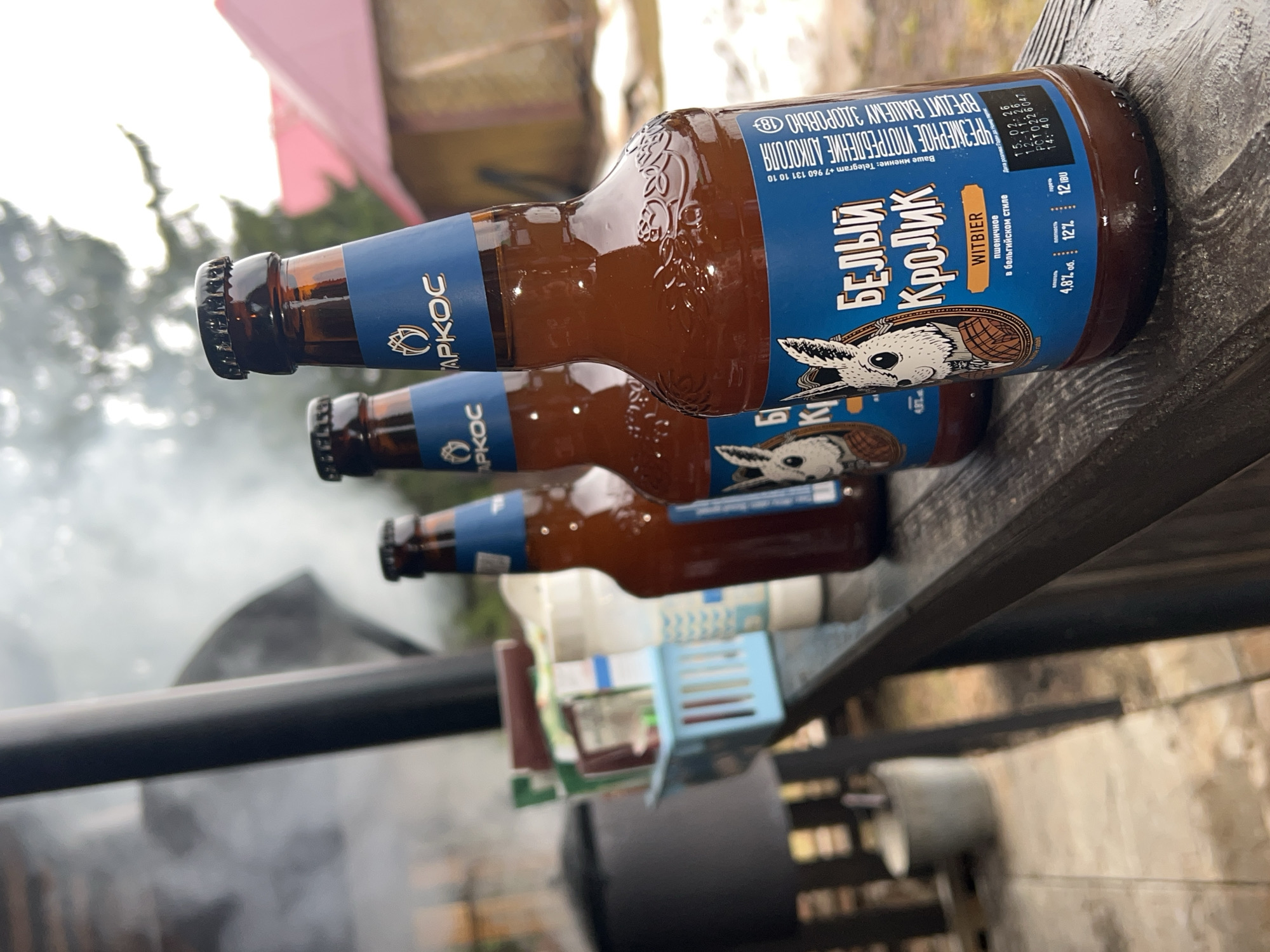 The image shows three brown glass bottles of "Белый Кролик" (White Rabbit) Witbier beer, with blue labels featuring a stylized drawing of a white rabbit. The bottles are resting on a dark wooden surface, possibly a table or shelf. The blue label also contains the brewery's name "APKOC". Text on the label includes the beer's alcohol content (4.8%), volume (12 L), and IBU (12), as well as a warning about excessive alcohol consumption. The date of production and expiration is printed at the bottom of the label.
In the background, there's a hazy view of foliage and possibly a structure, which might indicate an outdoor setting. The photo was taken in Protasy, Russia.