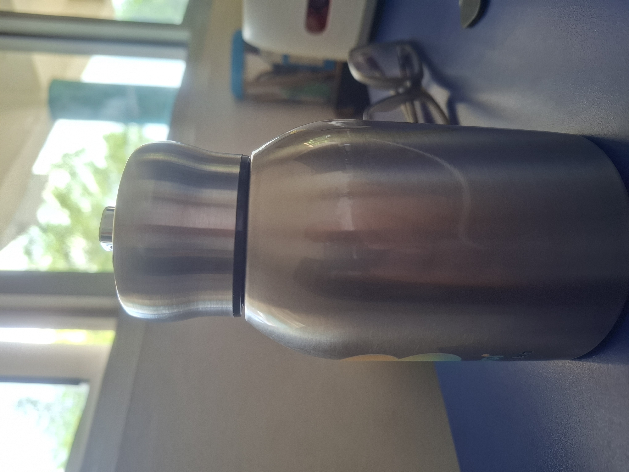 A close-up, eye-level shot features a silver thermos bottle with a black band around its neck, positioned on a blue surface. The thermos is slightly to the right of the frame's center. In the background, through a window, green foliage and a bright sky are visible, suggesting an outdoor setting or a room with a view. The blurred background also shows elements of what appears to be an indoor space, with glimpses of other objects and possibly furniture. The lighting indicates it is daytime. The image does not contain any people or clear indications of the city of Medan, Indonesia.