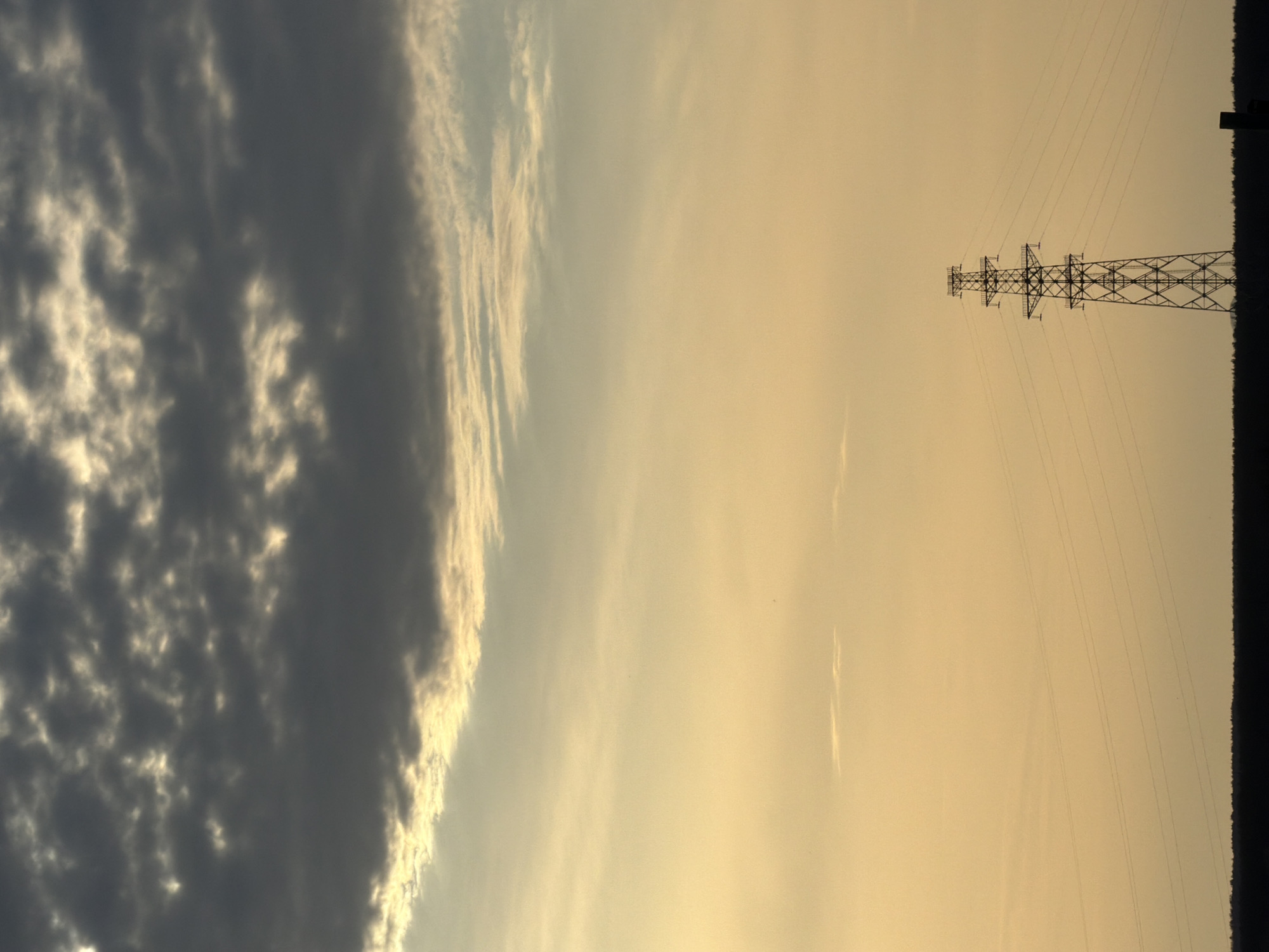 A landscape photograph shows a view of the sky, an electricity pylon, and what appears to be a treeline or edge of a forest. The sky occupies most of the frame, ranging from darker, textured clouds on the left to a more uniform, yellow-tinted sky on the right. The electricity pylon is situated on the right side, appearing as a lattice of metal against the sky. Power lines extend from the pylon toward the edge of the frame. Along the extreme right edge, there's a dark vertical band suggesting either a treeline or the edge of a forested area. The image is rotated, with what is likely the sky presented vertically. The location is identified as the city of Chaikovsky, Russia. There are no people visible, and the scene appears static with no action.