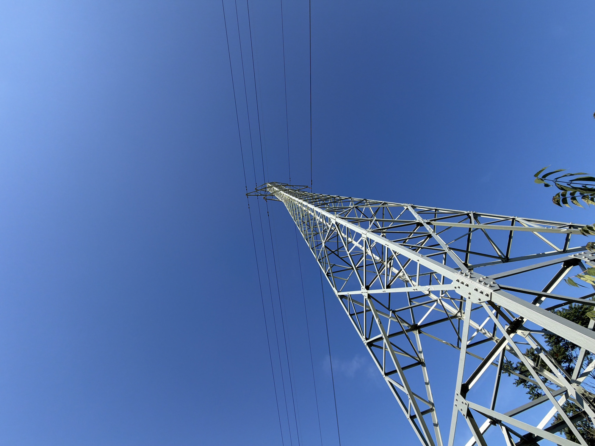 The image shows a low-angle view of a large metal pylon against a clear blue sky. The pylon is a lattice structure, composed of interconnected steel beams, and it extends upwards and to the right of the frame. Multiple power lines run horizontally across the upper portion of the image, originating from the pylon and disappearing out of frame. In the far right of the image, some green foliage from trees can be seen, peeking into the frame from behind the pylon. The sky is a uniform, vibrant blue, suggesting it is daytime with clear weather. The scene is industrial and architectural, focusing on the infrastructure of power transmission. No people or specific events are depicted. The lighting suggests it is daytime, likely sunny. There is no visible text in the image.