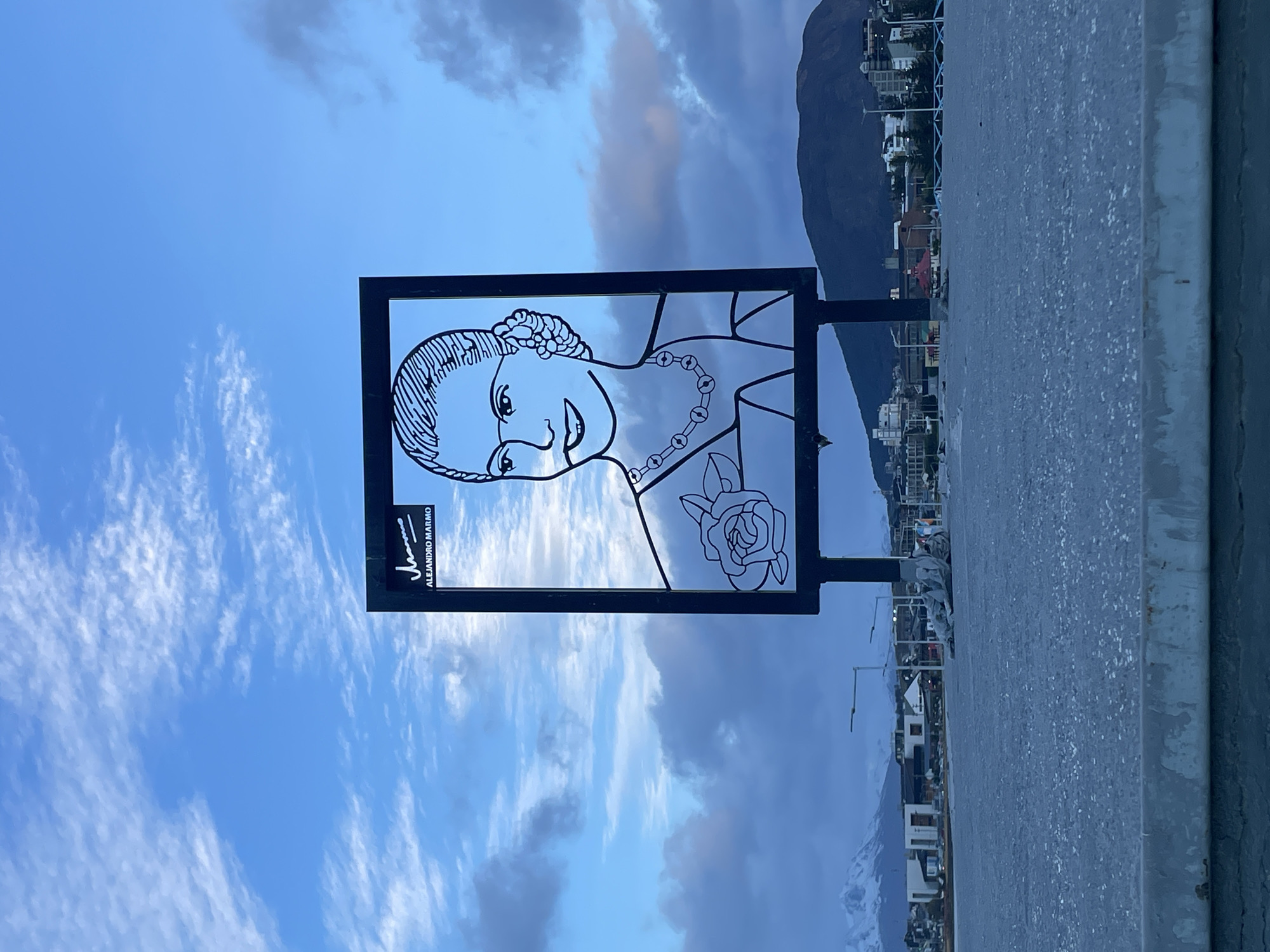A street-level, outdoor photograph captures a metal display in Ushuaia, Argentina. The display features a black frame holding a transparent panel with a line-art portrait of a woman, presumably Eva Perón, also known as Evita. The artwork includes her distinctive hairstyle, a necklace, and a rose detail. The artist's name, "Alejandro Marmio," is written in script at the bottom left of the panel. The sky provides the backdrop, featuring a mix of blue and dark gray clouds. A mountain range can be seen in the background, blending into the city's buildings. The display is mounted on a gray concrete barrier. The photograph is taken in landscape orientation.