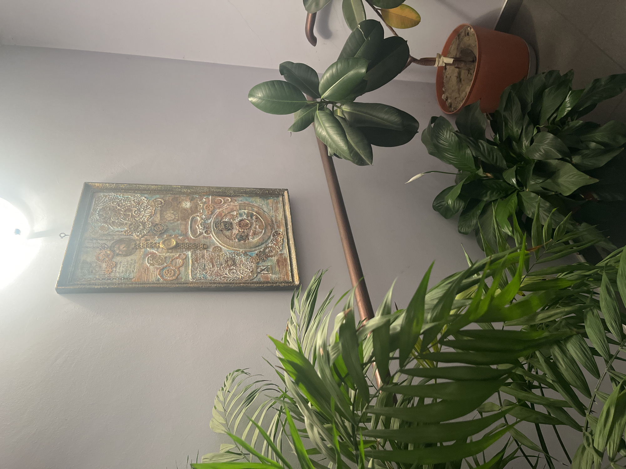 The photograph shows an indoor scene with a variety of objects and plants. On the left, there is a wall with an ornately framed, rectangular piece of art depicting a complex arrangement of patterns and objects in a steampunk or vintage style. The artwork is mounted on the wall.
To the right of the artwork, there are several potted plants of different species. A taller plant with large, oval leaves is centrally positioned. Another plant with green leaves is partially visible, and the bottom right is dominated by a large, leafy plant with long, slender leaves.
The room is seemingly located in Goce Delcev, Bulgaria.
