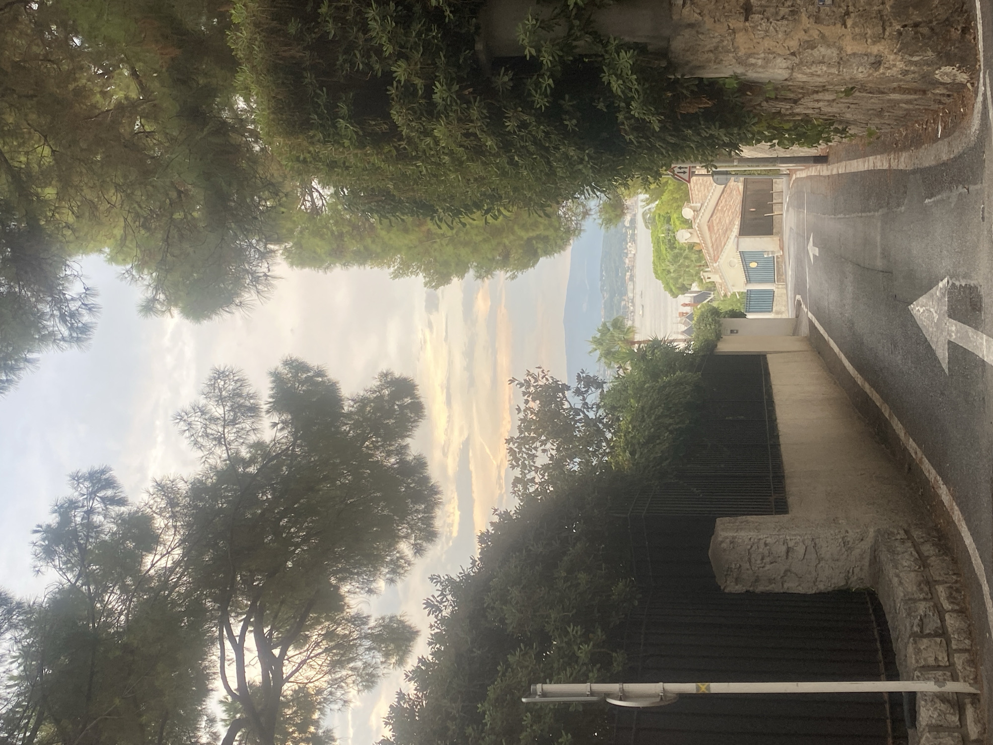 The image depicts a narrow, paved street lined with lush greenery and stone walls, leading downhill towards a body of water. The sky above is overcast with hints of golden light, suggesting either dawn or dusk. On either side of the street, mature trees with dense foliage cast shadows. A black metal fence runs along the left side of the road, partially obscured by vegetation and a white pole with a circular sign. The right side of the street features a rough-hewn stone wall covered in ivy. Further down the street, residential buildings with tiled roofs are visible, clustered near the waterfront. Boats can be seen on the water, and distant hills form the horizon. The presence of directional arrows painted on the road indicates vehicular traffic. The overall scene suggests a residential area in a coastal town, likely Antibes, France, given the characteristic architecture and landscape.